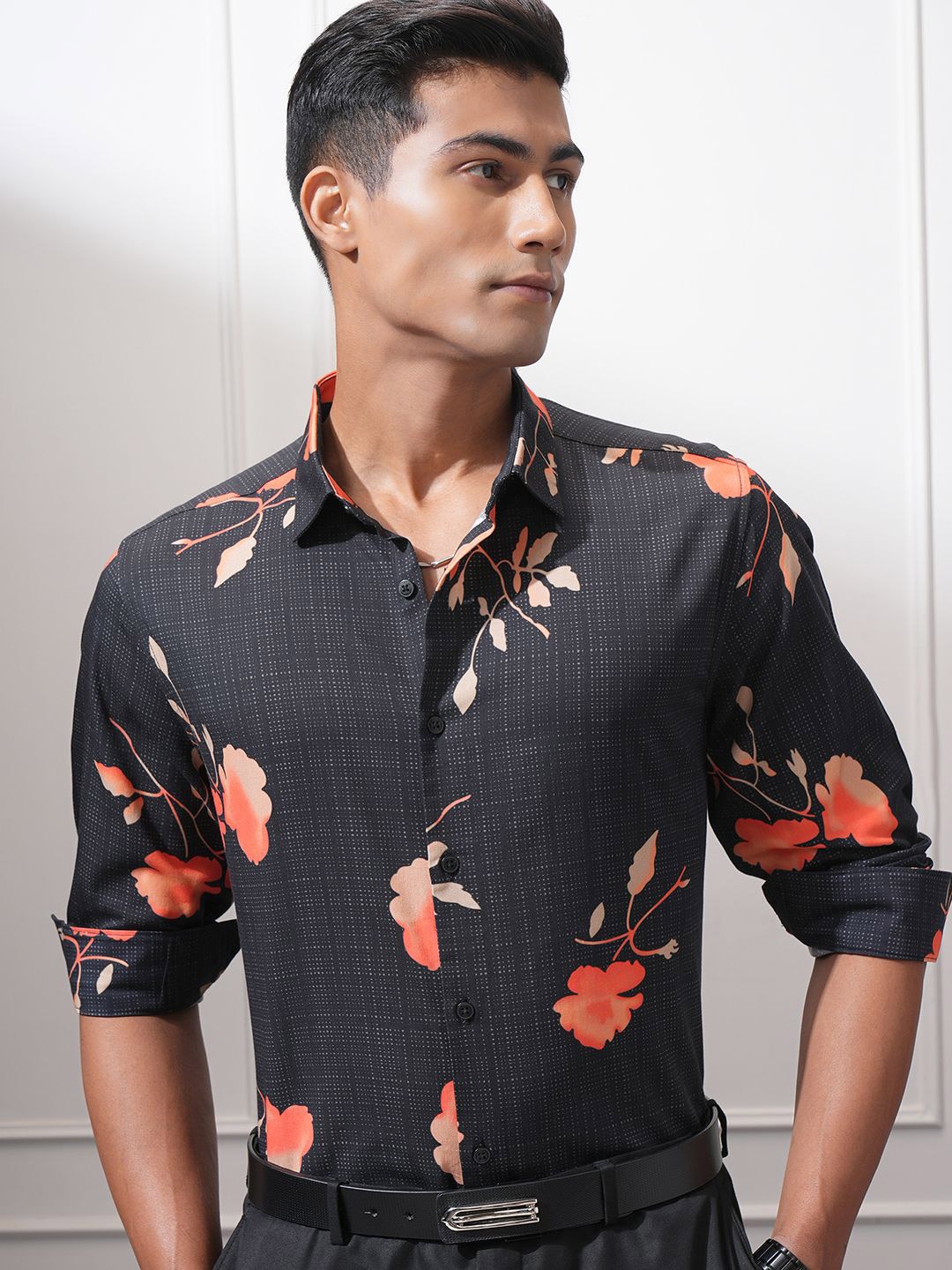 

LOCOMOTIVE Premium Men Premium Satin Printed Occasion Shirt, Black