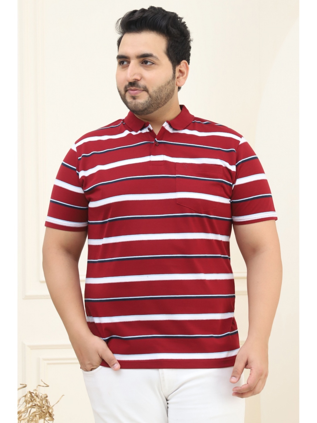 

VENITIAN Men Striped Polo Collar Cotton Plus Size T-shirt, Red