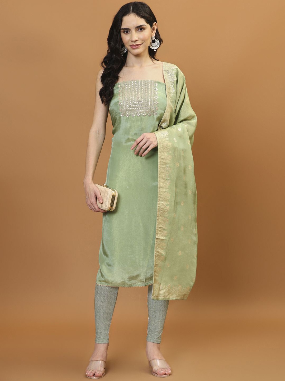 

Meena Bazaar Embroidered Art Silk Unstitched Dress Material, Green