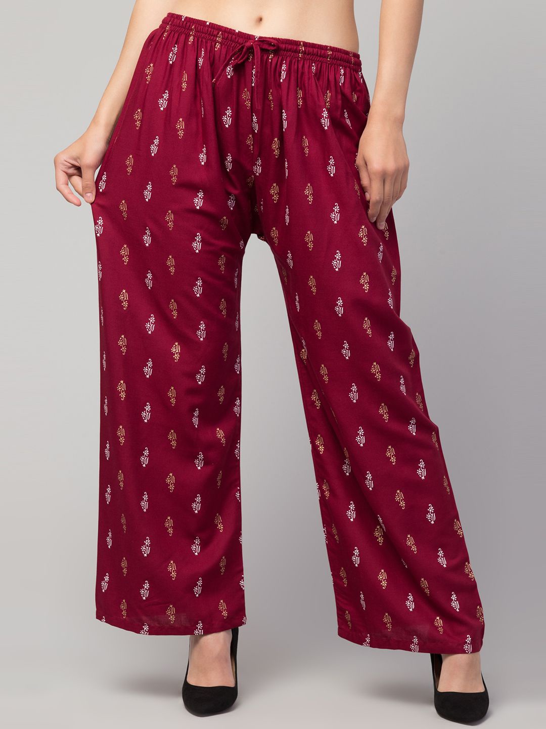 

FAMBEE Women Ethnic Motifs Printed Flared Knitted Palazzos, Maroon