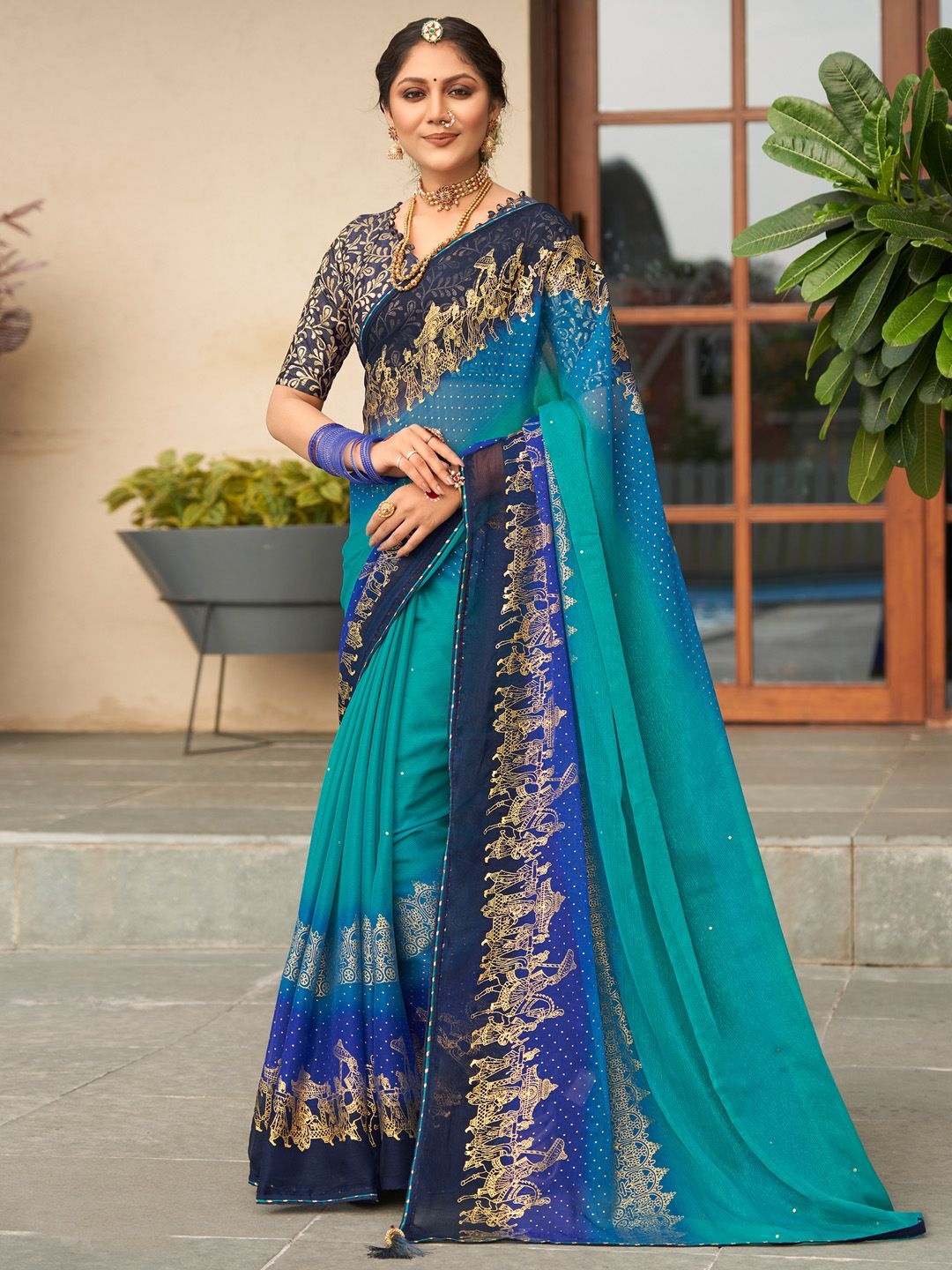 

KALINI Ethnic Motifs Zari Poly Chiffon Saree, Blue