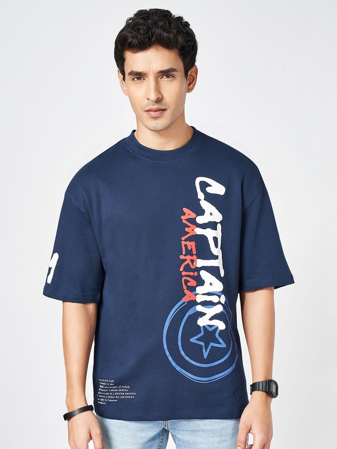 

SF JEANS by Pantaloons Men Graphic Printed Round Neck Cotton Oversized T-shirt, Blue