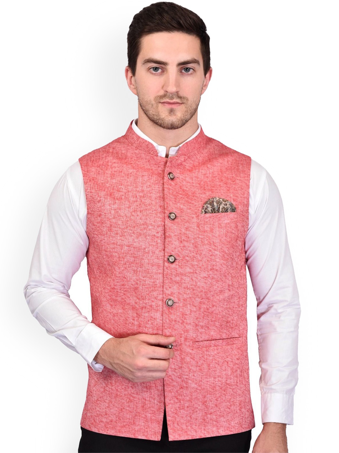 

PRINTCULTR Textured Woven Nehru Jacket, Pink