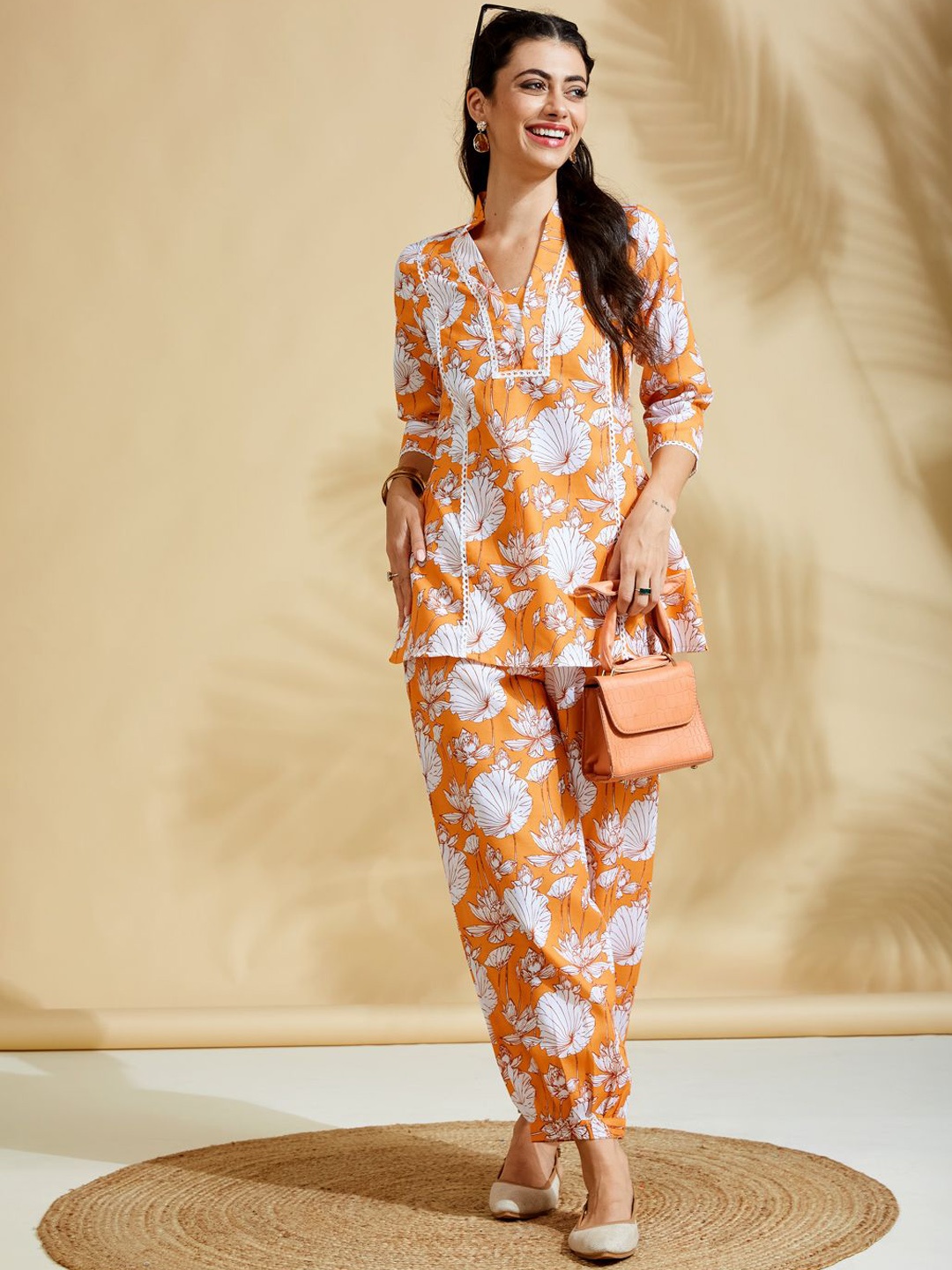 

J Turritopsis Floral Printed V-Neck Tunic With Trousers, Orange