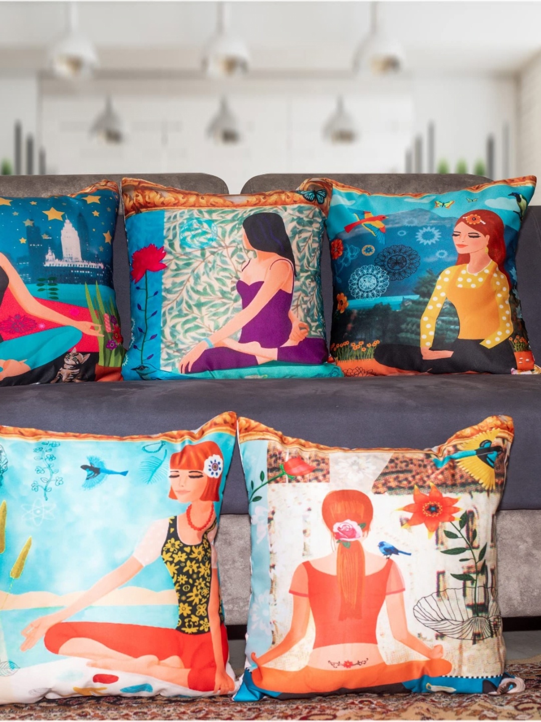 

Vendola Blue & Red5 Pieces Quirky Printed Satin Square Cushion Covers