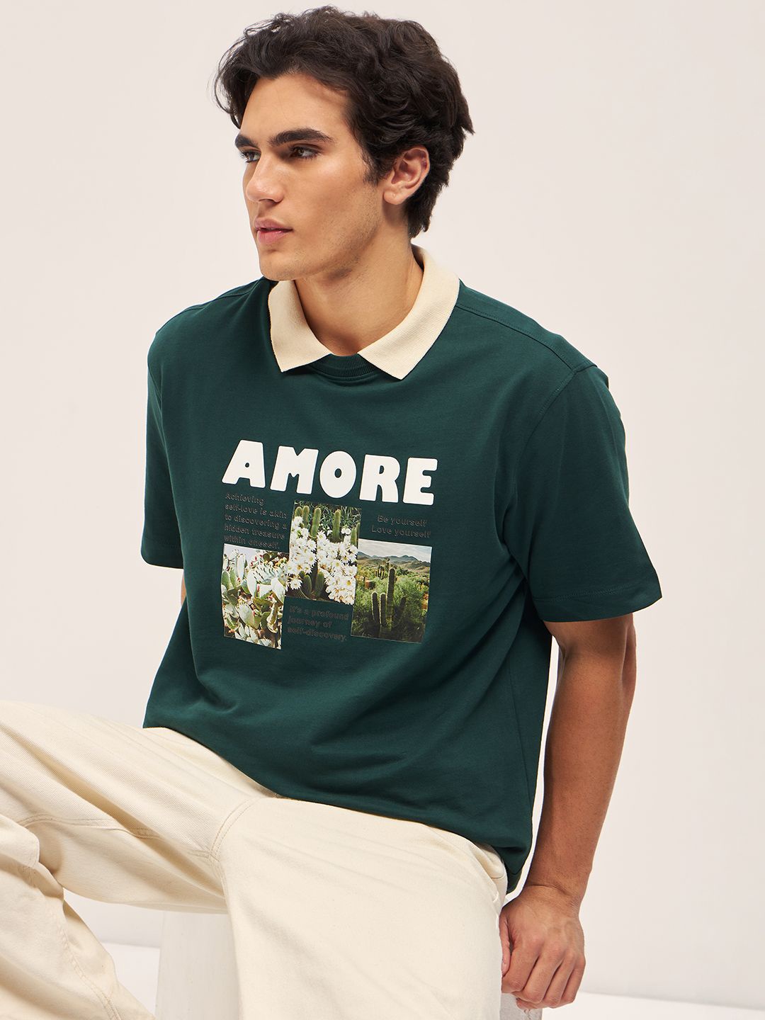 

THE BEAR HOUSE Men Graphic Printed Round Neck Cotton Oversized T-shirt, Green