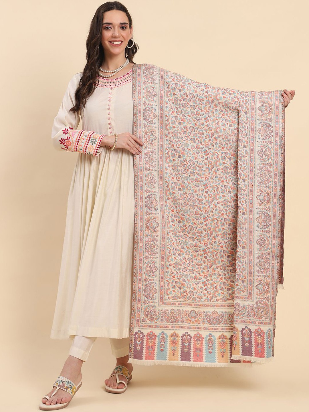 

La Vastraa Women Floral Woven Design Shawl, White