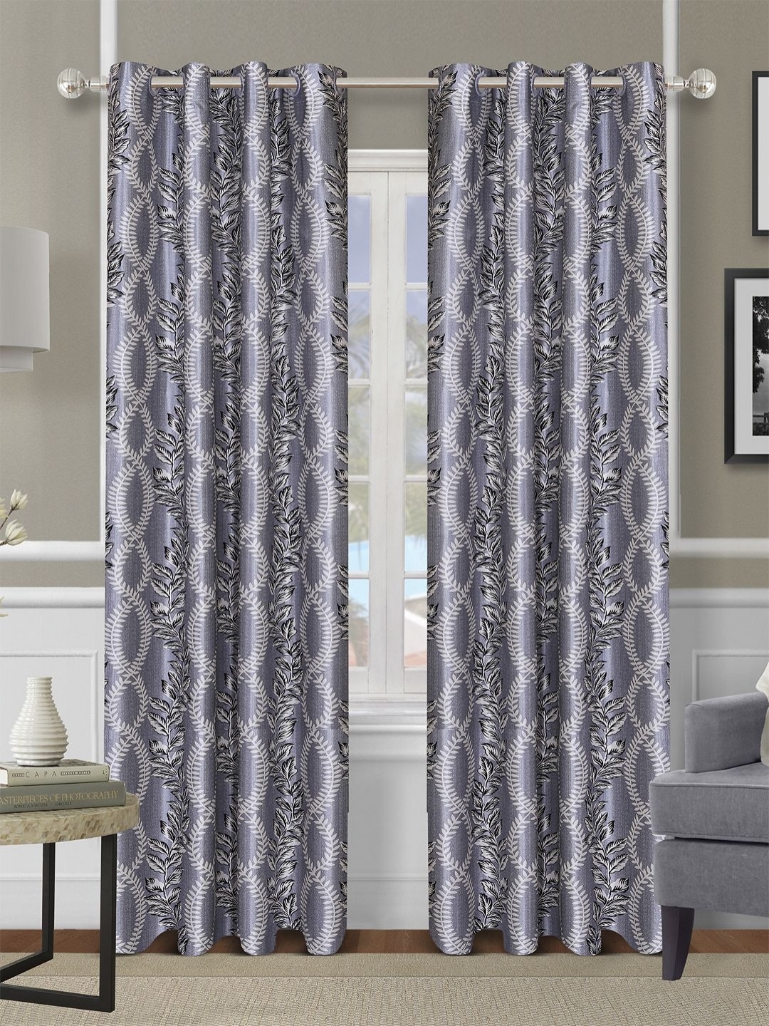 

Myntra Elegant Homes Grey and White 2 Pieces Floral Room Darkening Long Door Curtain