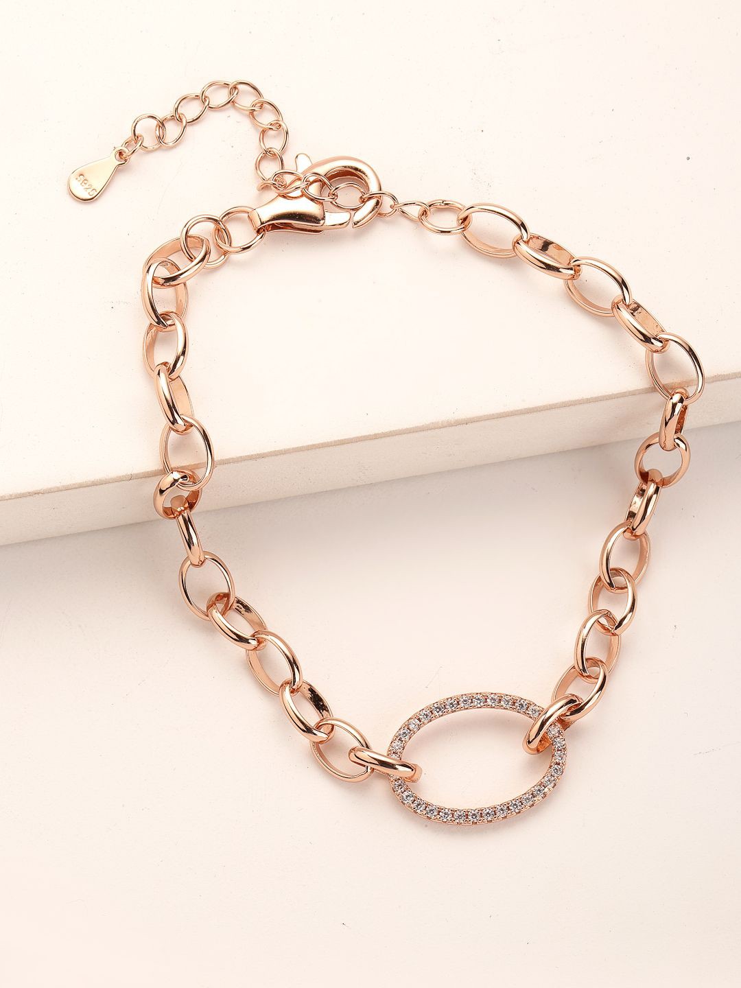 

PANASH 925 Sterling Silver Rose Gold-Plated Cubic Zirconia Studded Link Bracelet