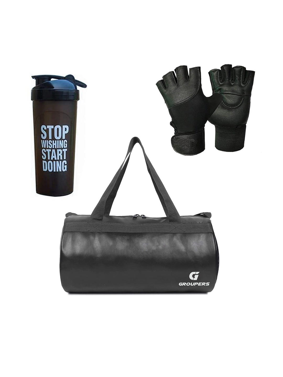 

GROUPERS Medium Foldable Sports or Gym Duffel Bag With Gloves & Shaker Bottle-700ml, Black