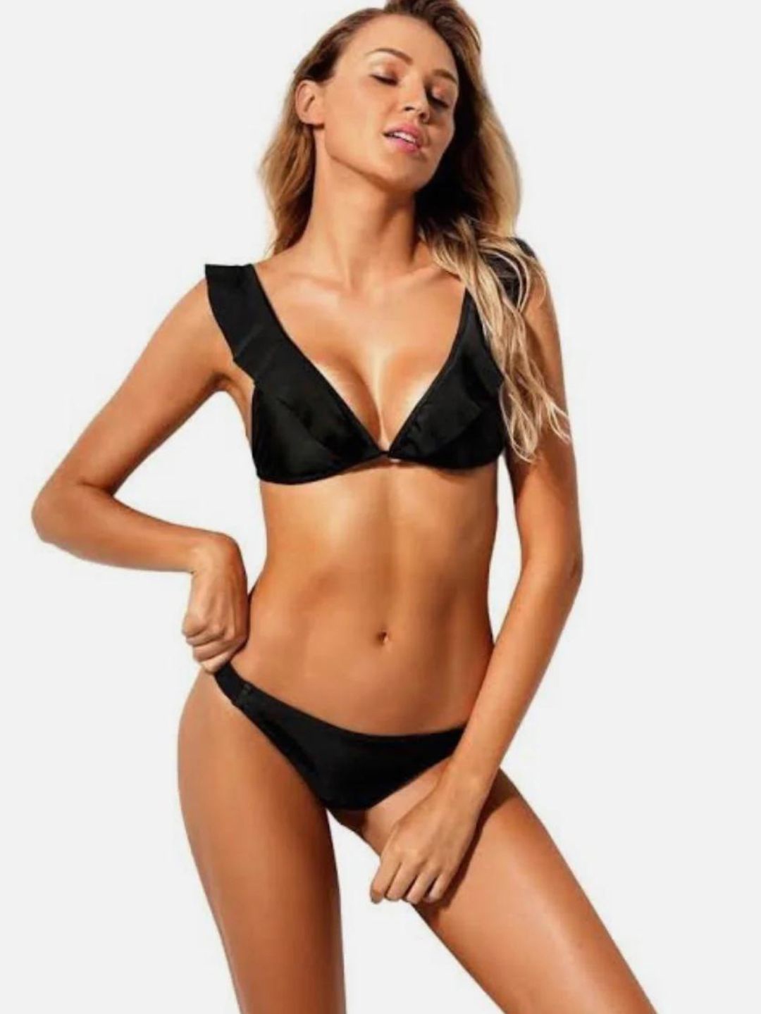 

ANGEL CROSHET Ruffle Triangular Bikini Swim Set, Black