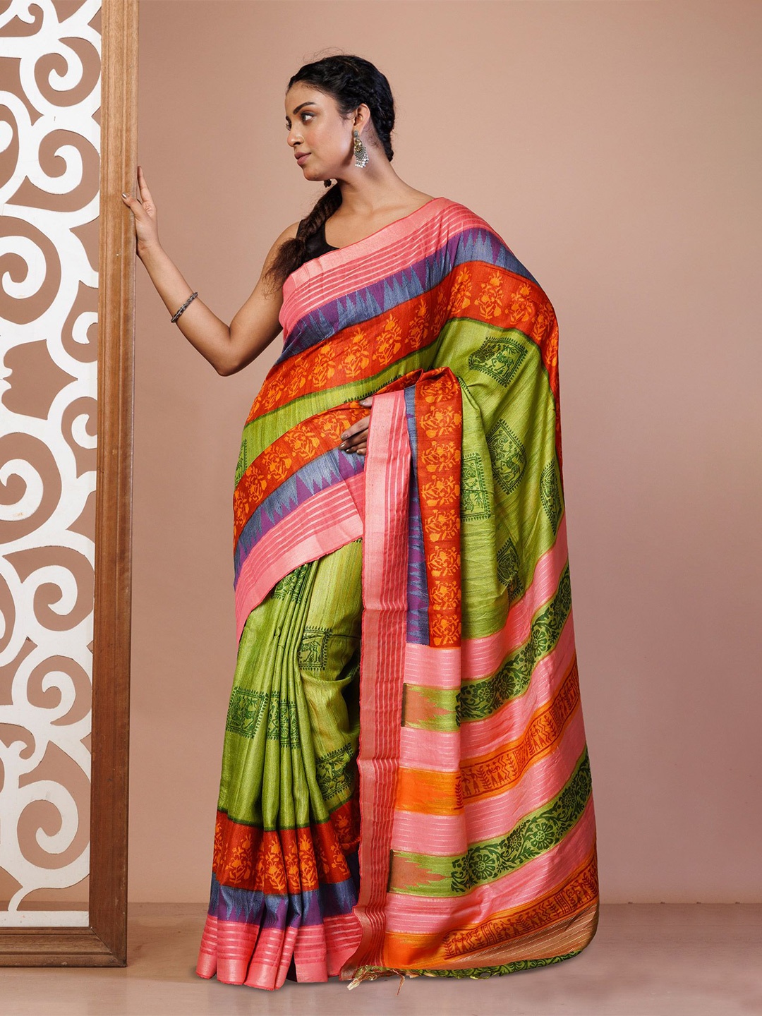 

Unnati Silks Ethnic Motifs Zari Pure Silk Handloom Tussar Saree, Green