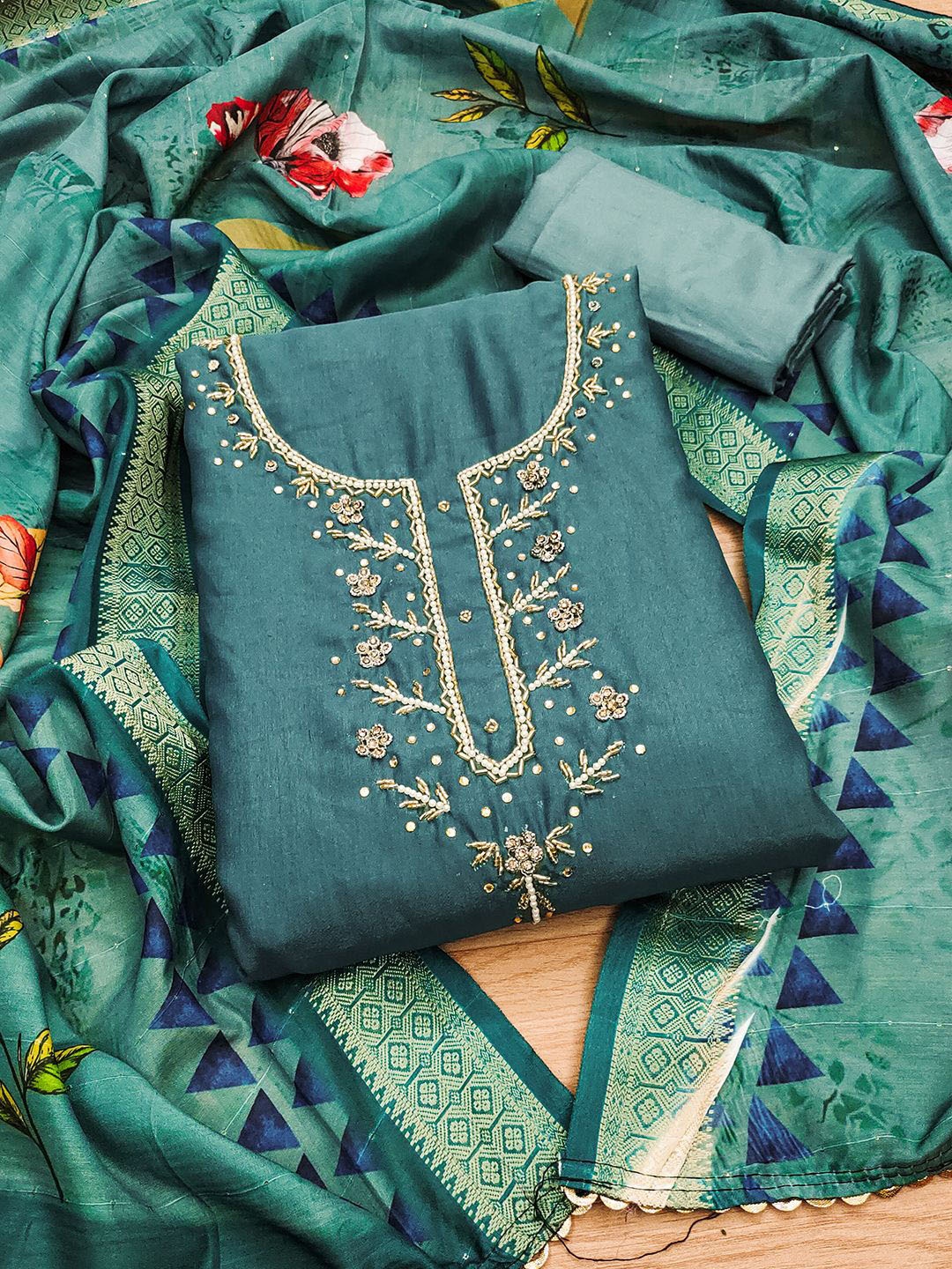 

Lilots Unstitched Dress Material, Green