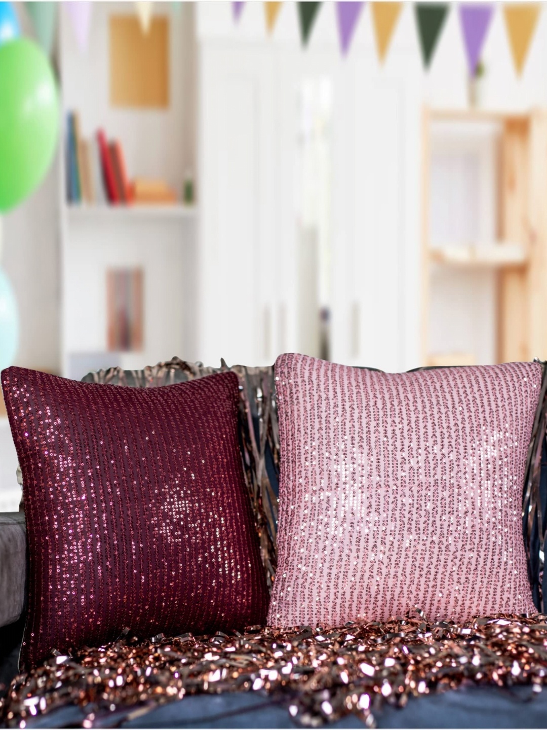 

Vendola Pink & Burgundy 2 Pieces Embellished Square Cushion Covers
