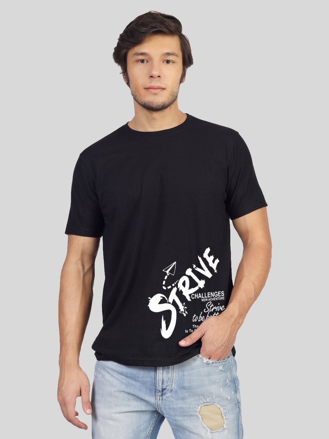 

Greylongg Men Typography Printed Round Neck Cotton T-shirt, Black