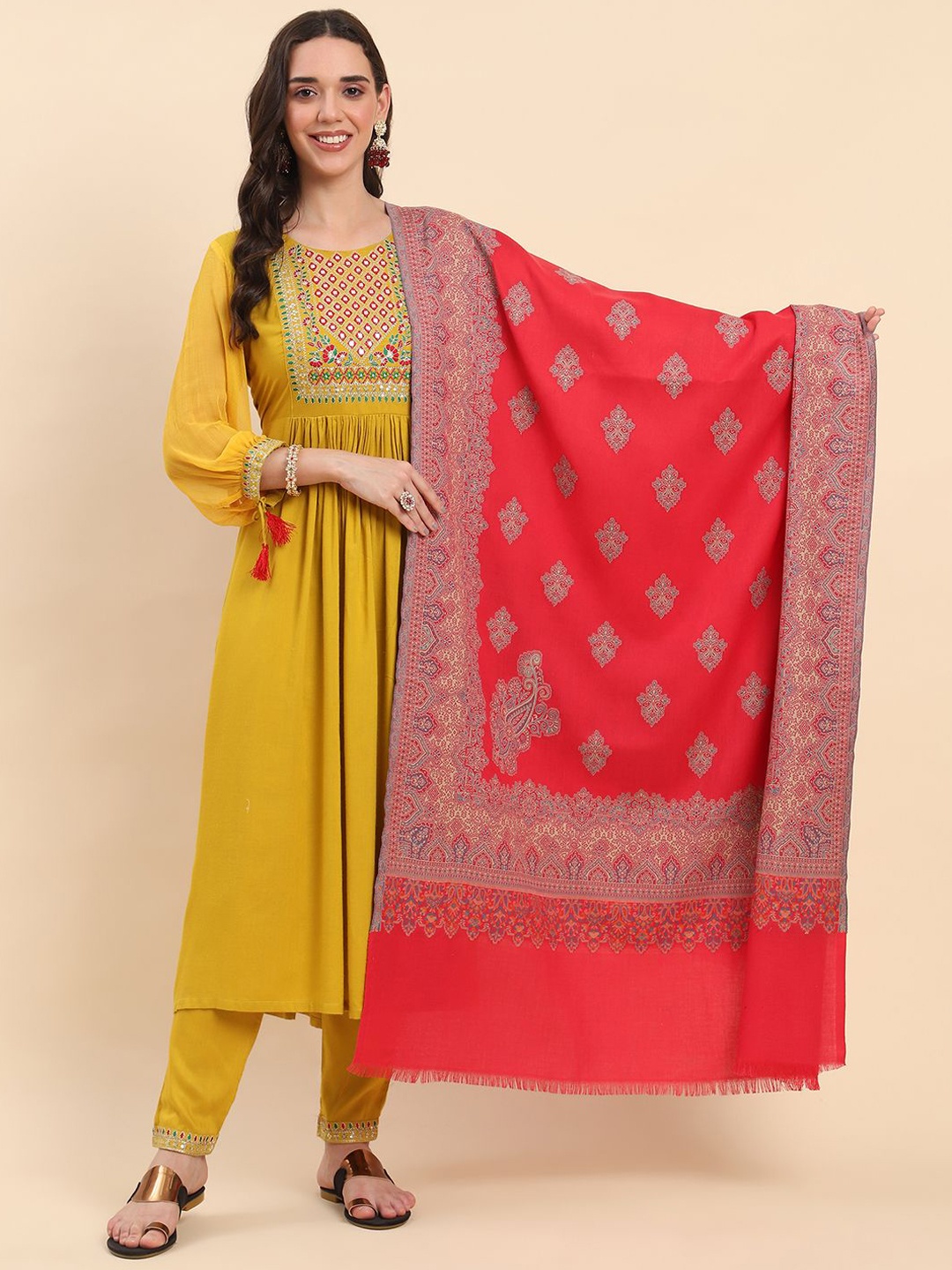 

La Vastraa Women Ethnic Motifs Woven Design Shawl, Pink