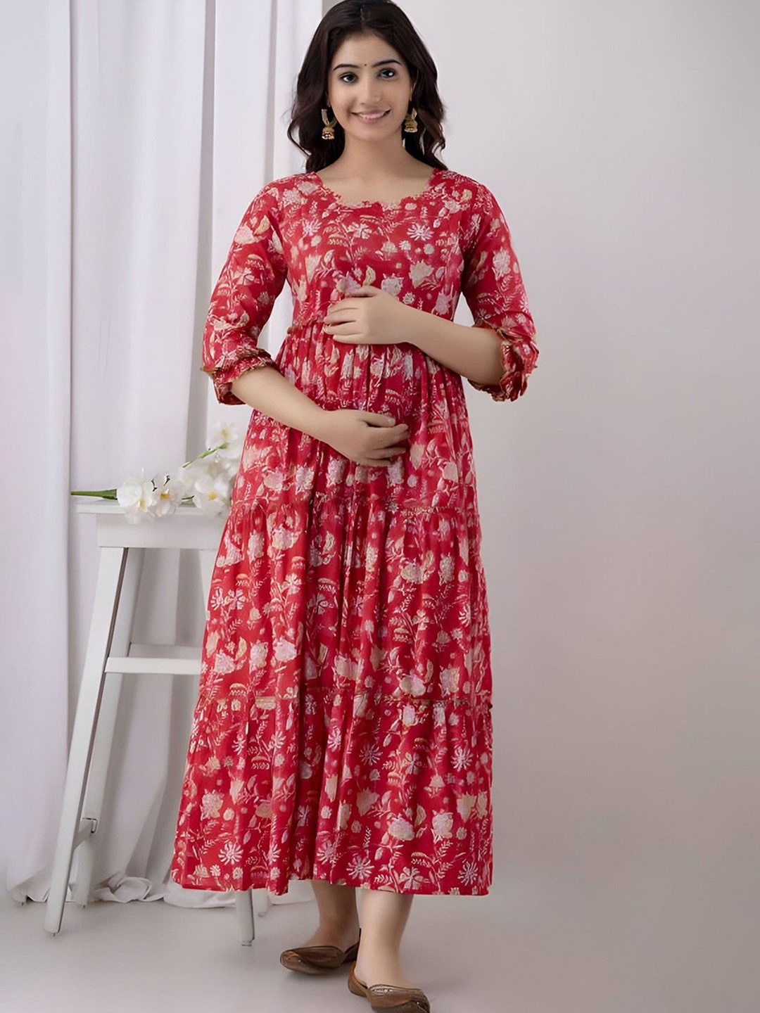 

Parth Fab Floral Print Maternity Fit & Flare Midi Dress, Red