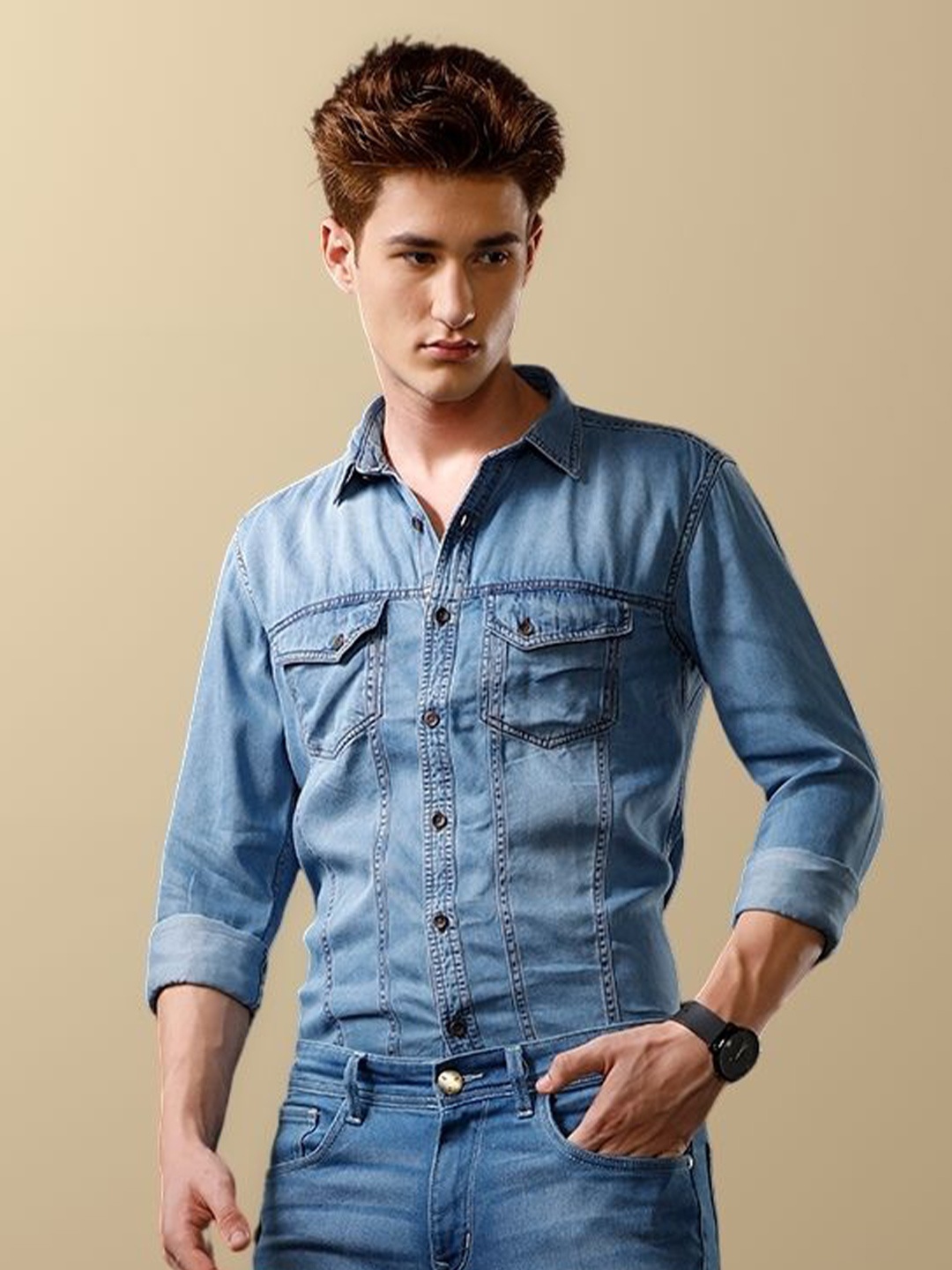 

TEMPLE OF DENIM Men India Slim Spread Collar Faded Denim Casual Shirt, Blue