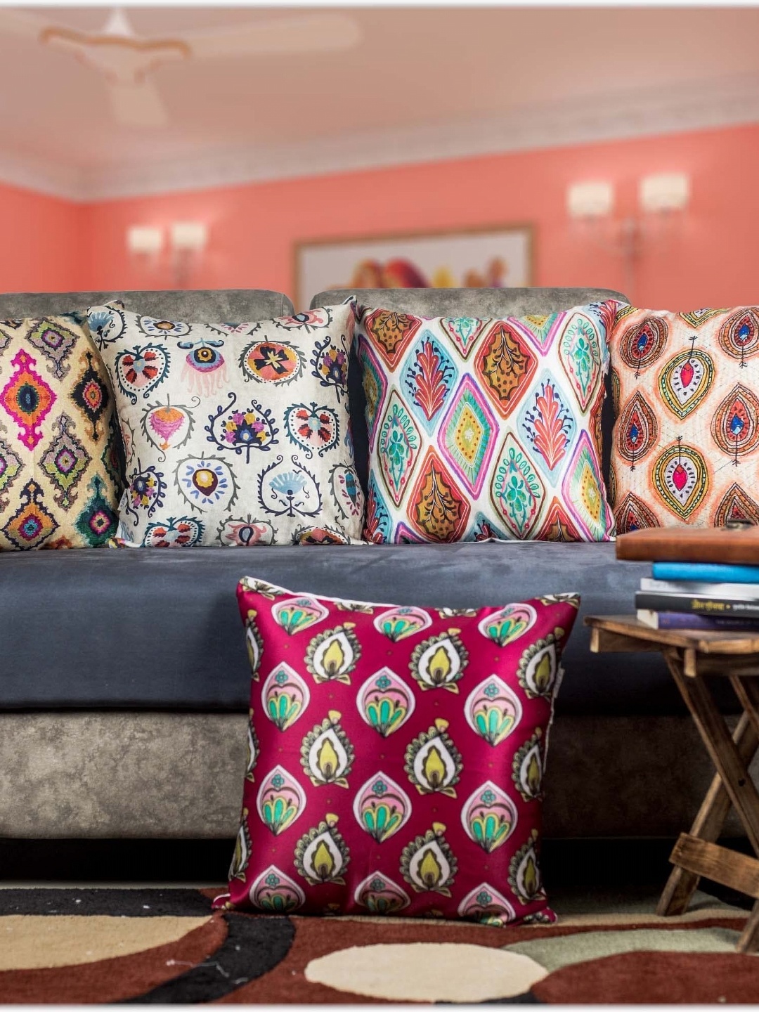 

Vendola Beige & Pink 5 Pieces Ethnic Motifs Square Cushion Covers