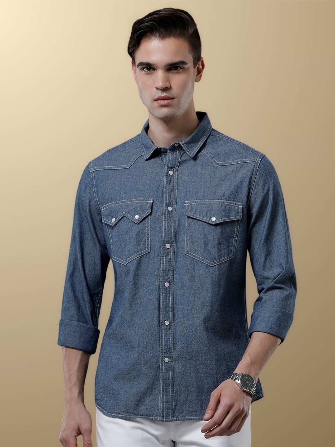 

TEMPLE OF DENIM Men India Slim Spread Collar Solid Denim Casual Shirt, Blue