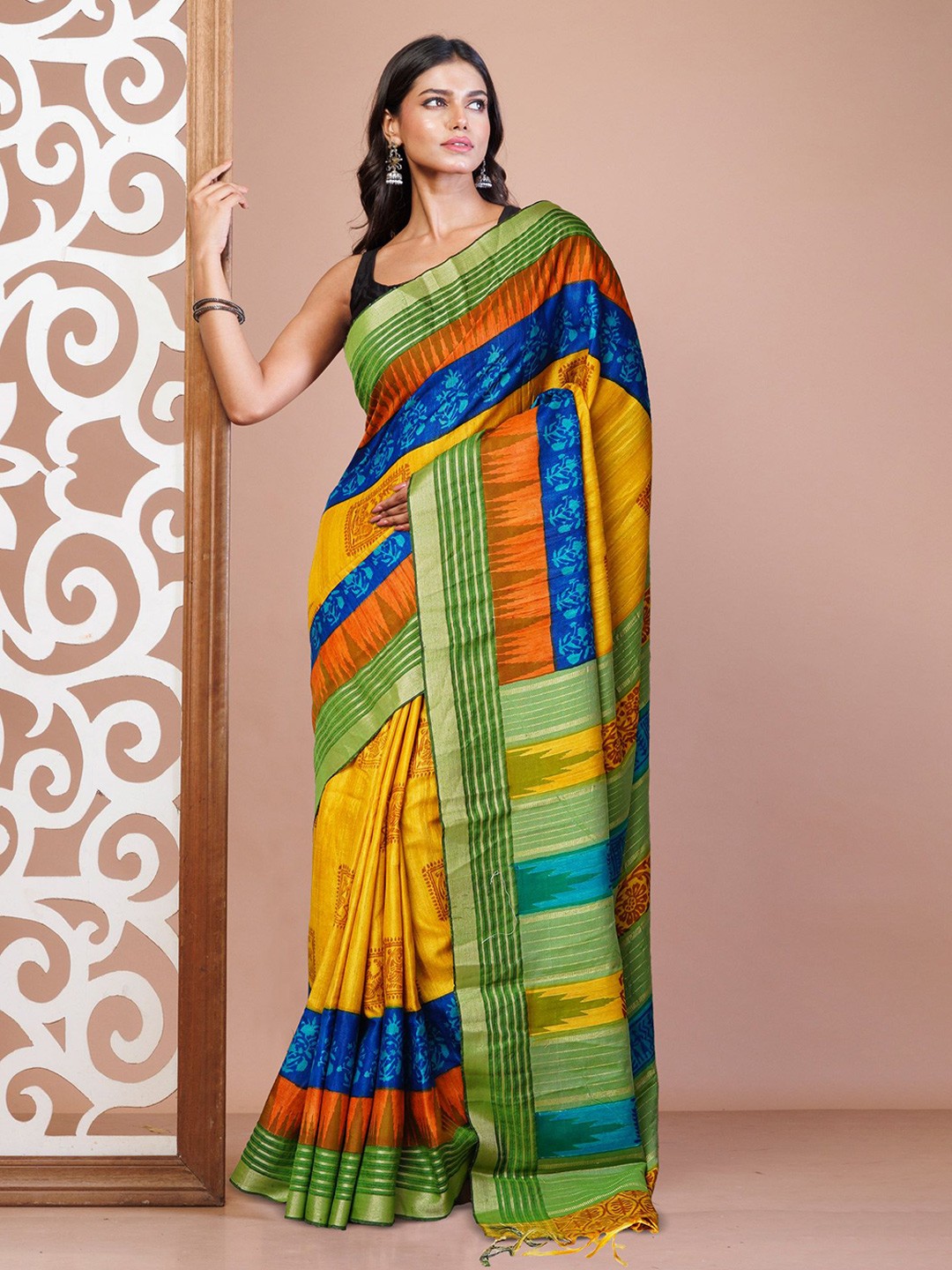 

Unnati Silks Ethnic Motifs Pure Silk Handloom Tussar Saree, Yellow