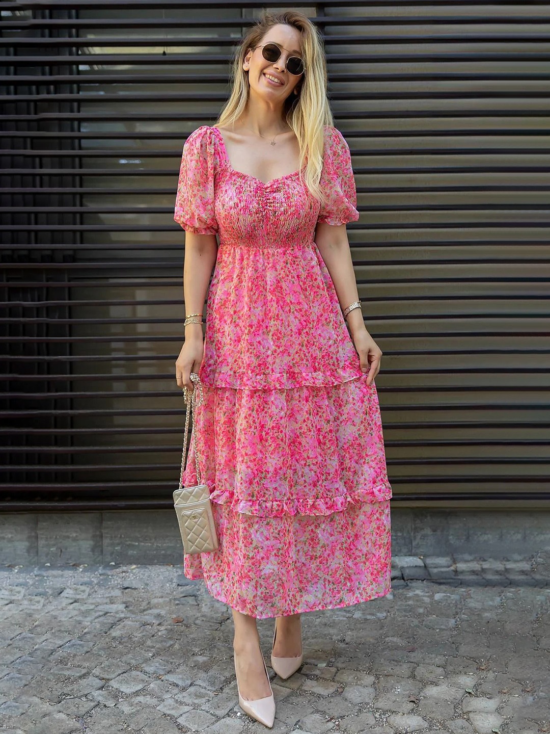 

Urban Komfort Floral Print Puff Sleeve Maxi Dress, Pink