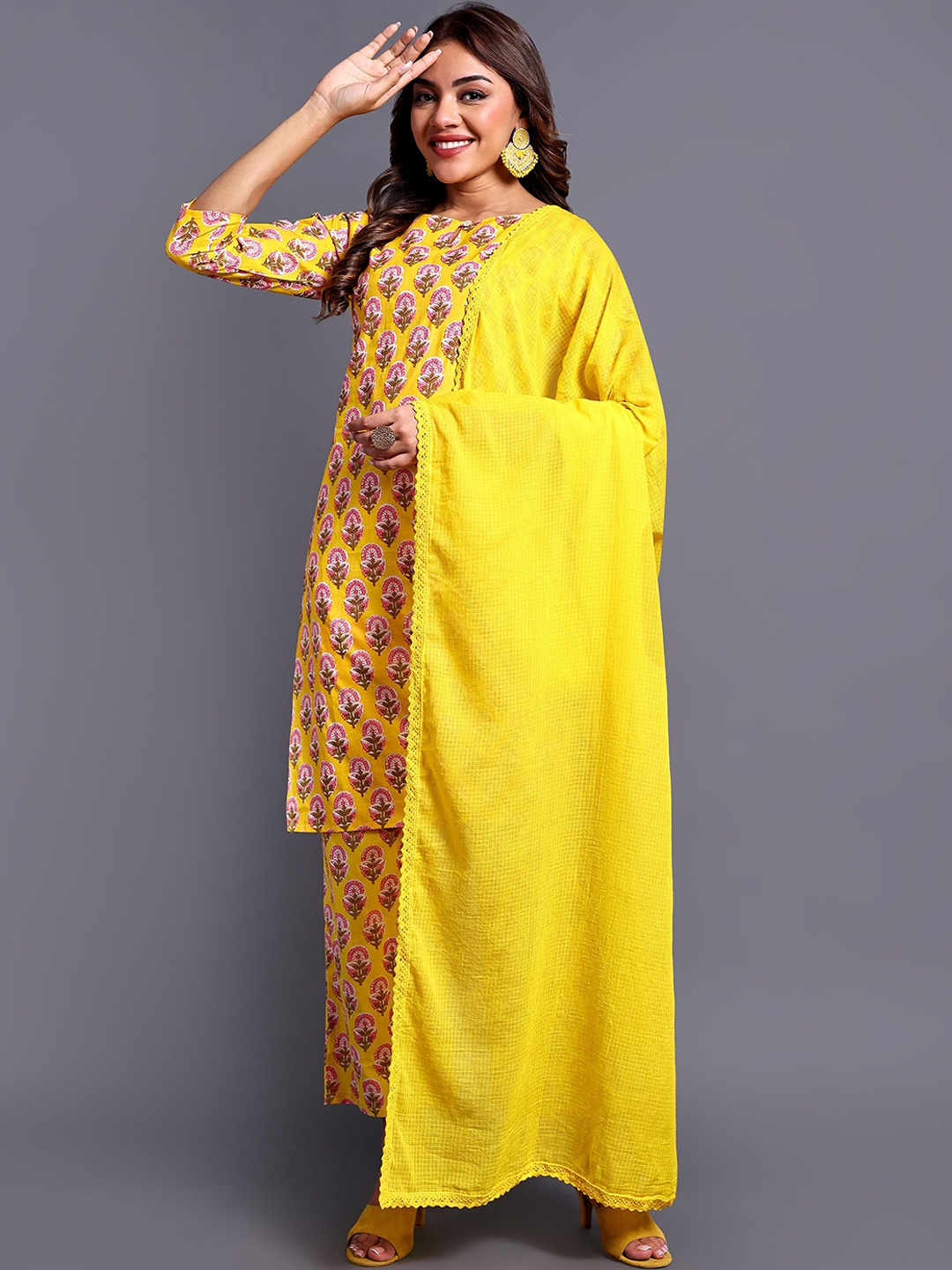 

Vastara the Label Ethnic Motifs Printed Regular Pure Cotton Kurta With Trousers & Dupatta, Yellow