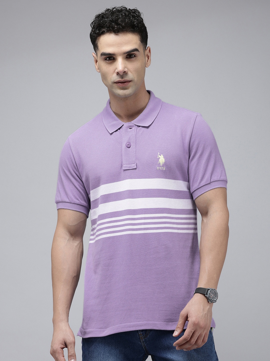 

U.S. Polo Assn. Striped Polo Collar Pure Cotton Slim Fit T-shirt, Purple