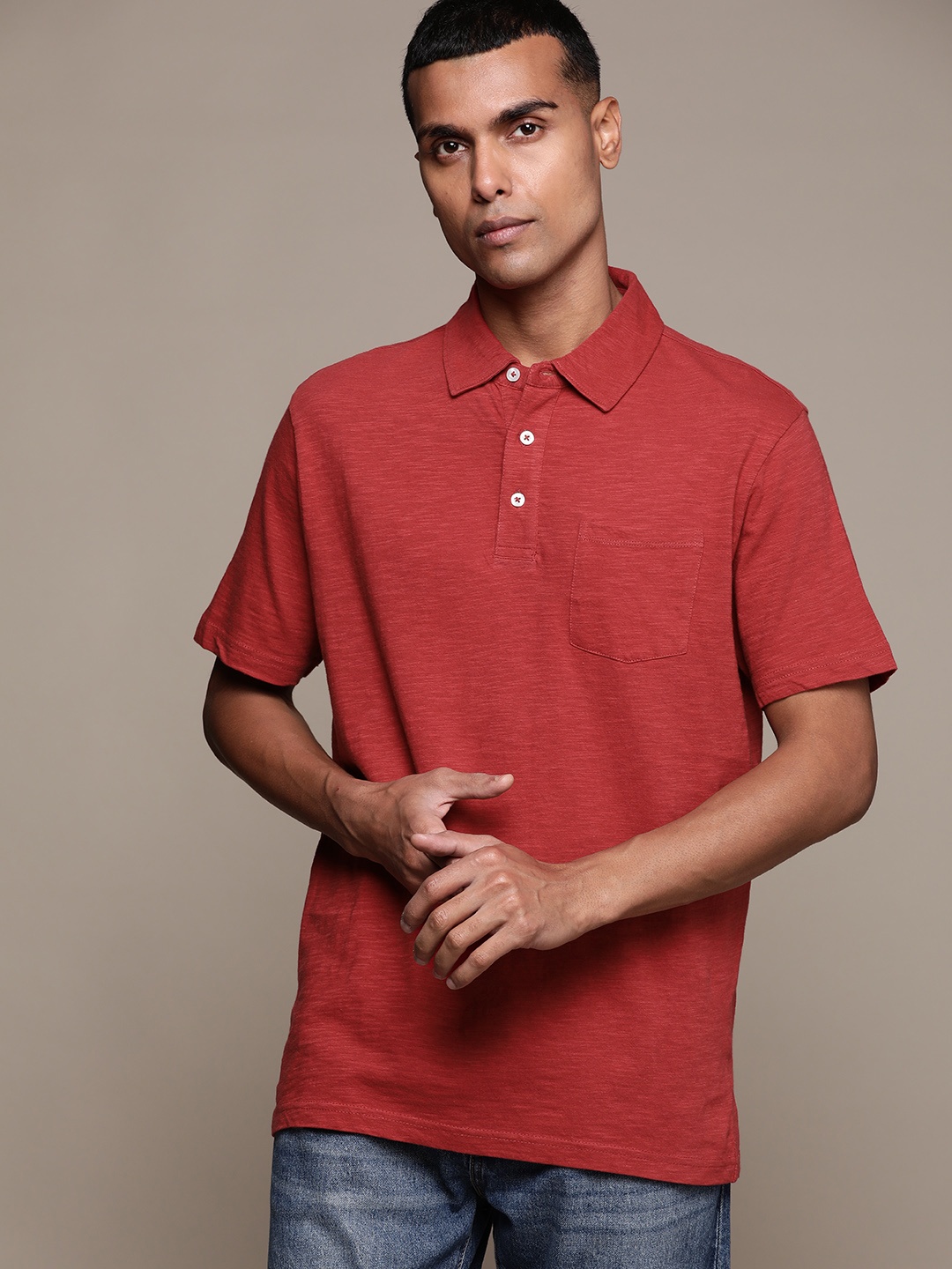 

Macy's Club Room Men Rust Red Solid Polo Collar Pure Cotton T-shirt