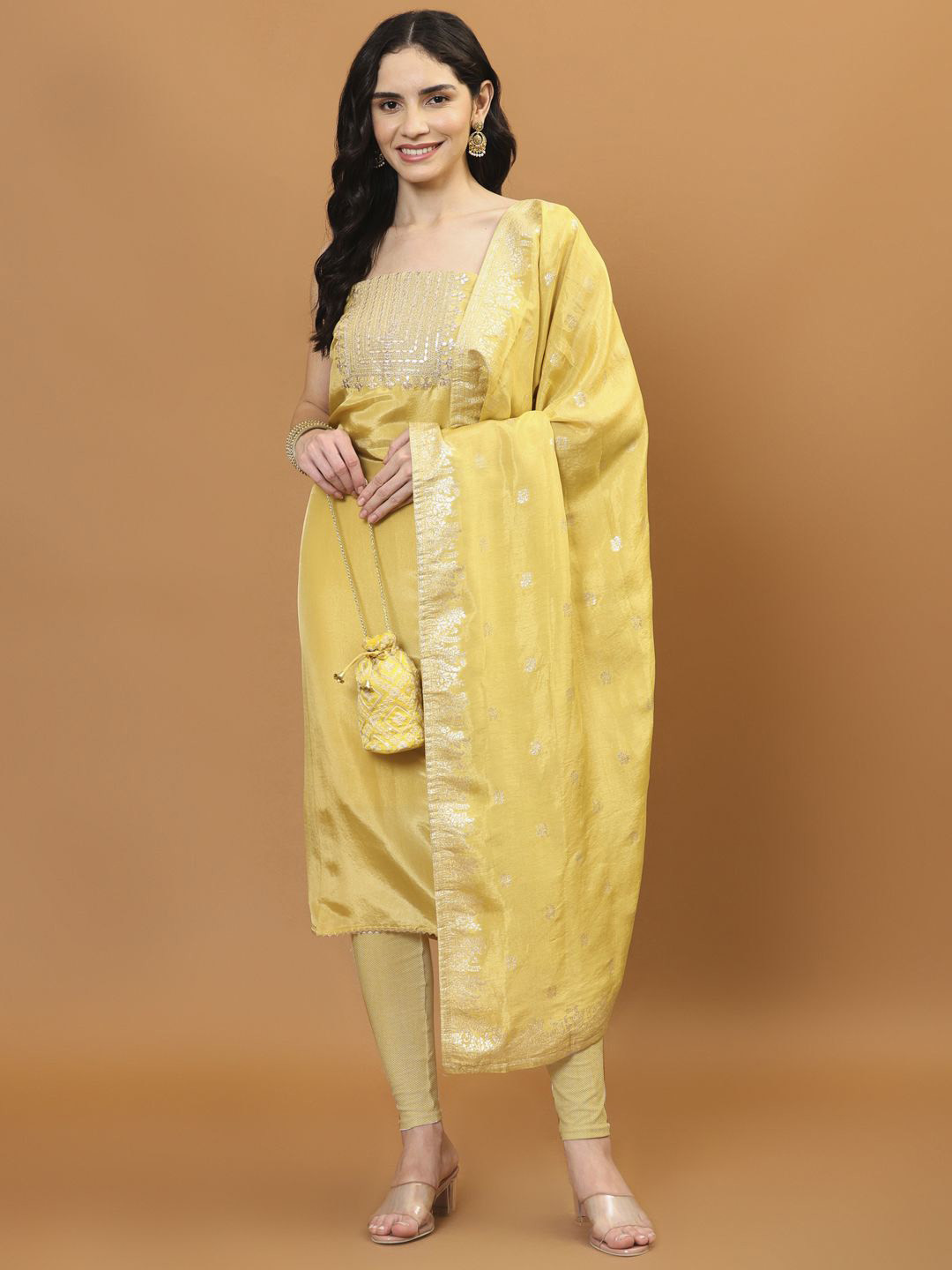 

Meena Bazaar Printed Art Silk Unstitched Dress Material, Yellow