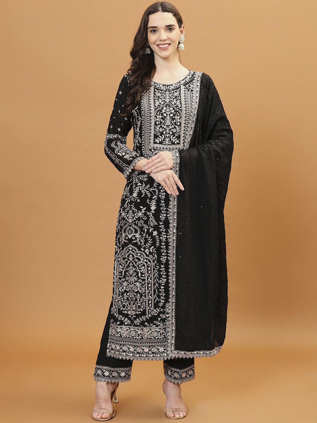 

Meena Bazaar Floral Embroidered Straight Kurta With Palazzos & Dupatta, Black