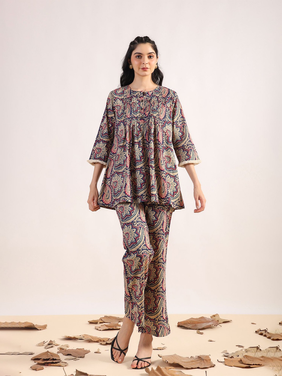 

JISORA Printed Pure Cotton Tunic With Trouser, Blue