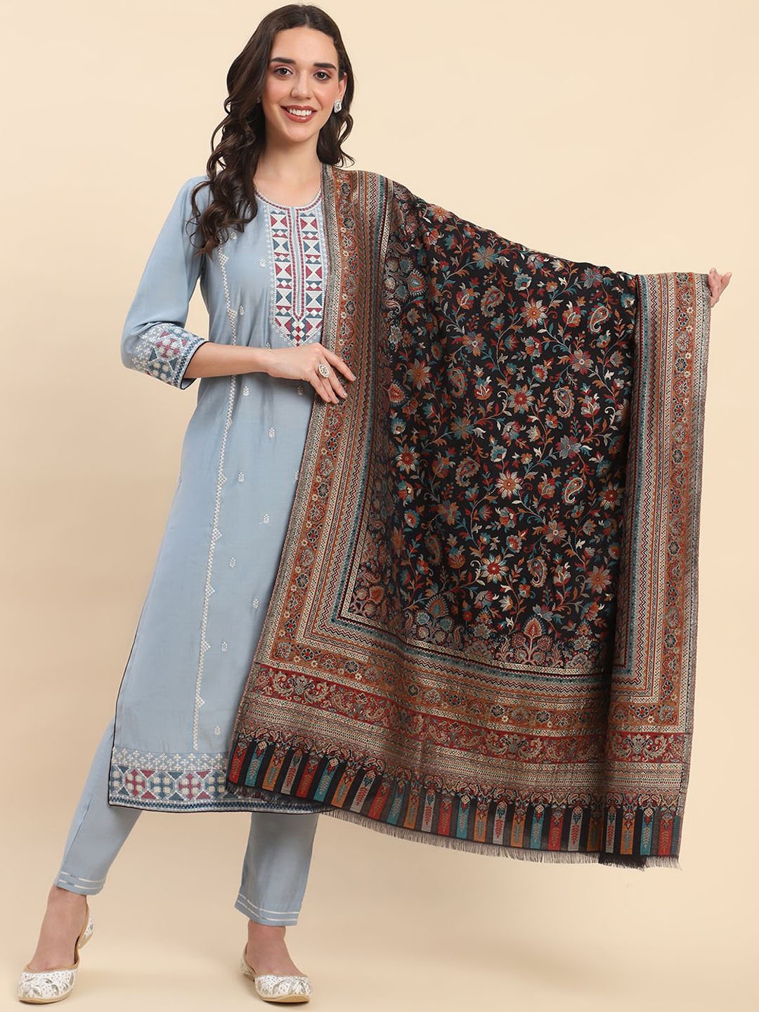 

La Vastraa Women Floral Woven Design Shawl, Black