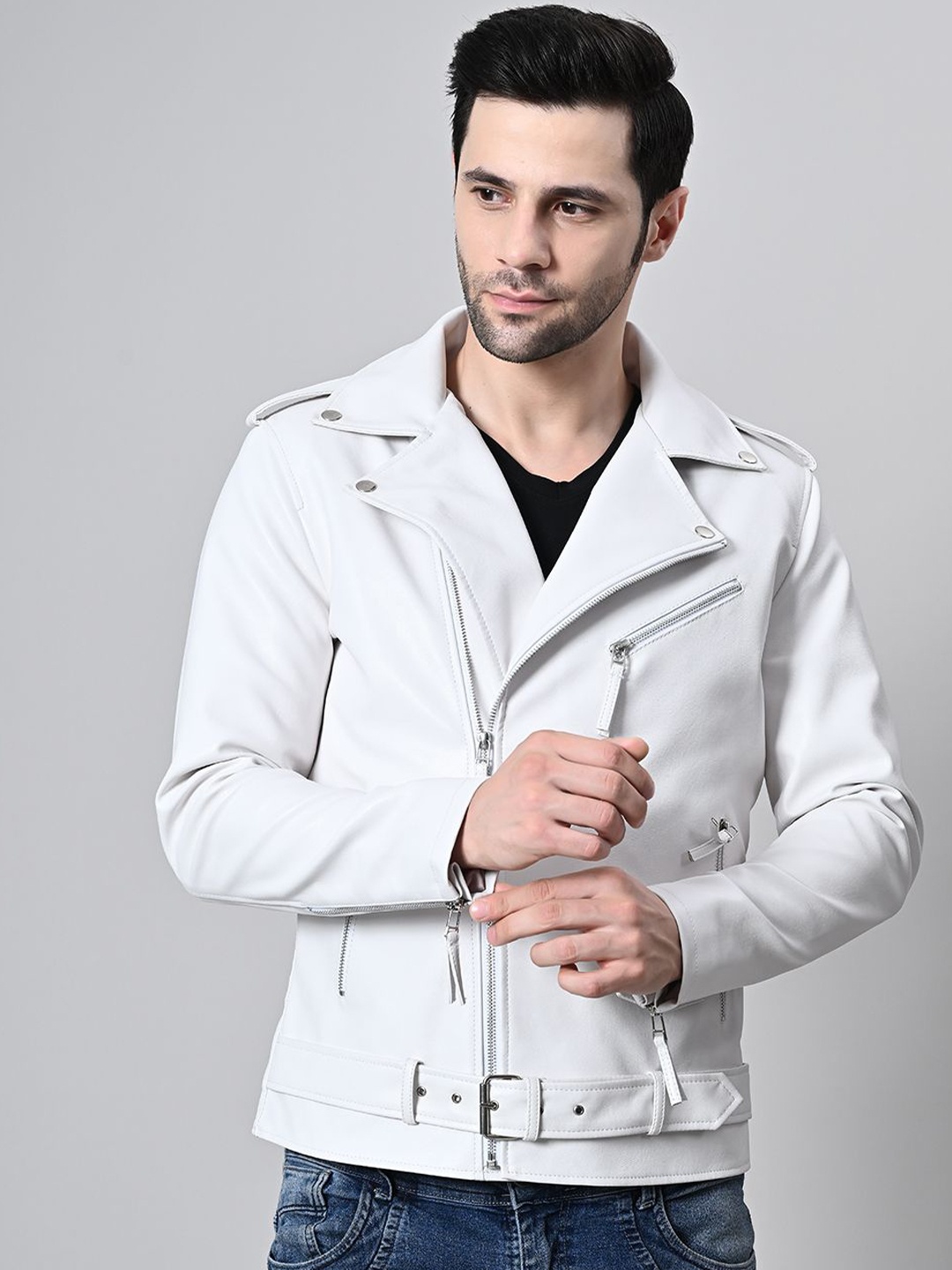 

TBOJ Lapel Collar Water Resistant Lightweight Leather Biker Jacket, White