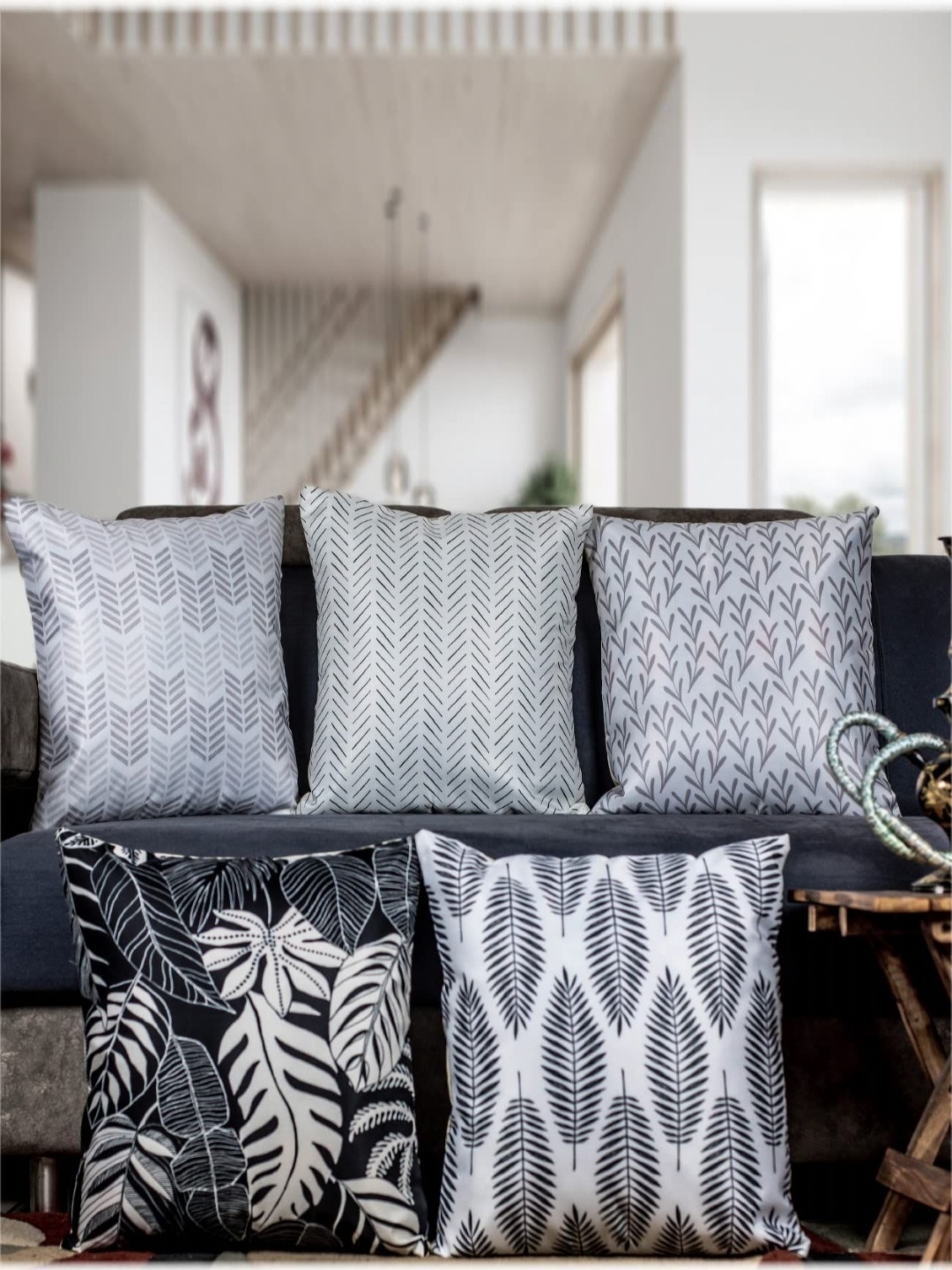 

Vendola Grey & Black Set of 5 Ethnic Motifs Satin Square Cushion Covers