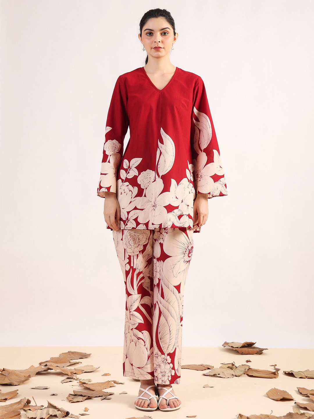 

JISORA Printed Pure Cotton V Neck Tunic With Trousers, Red