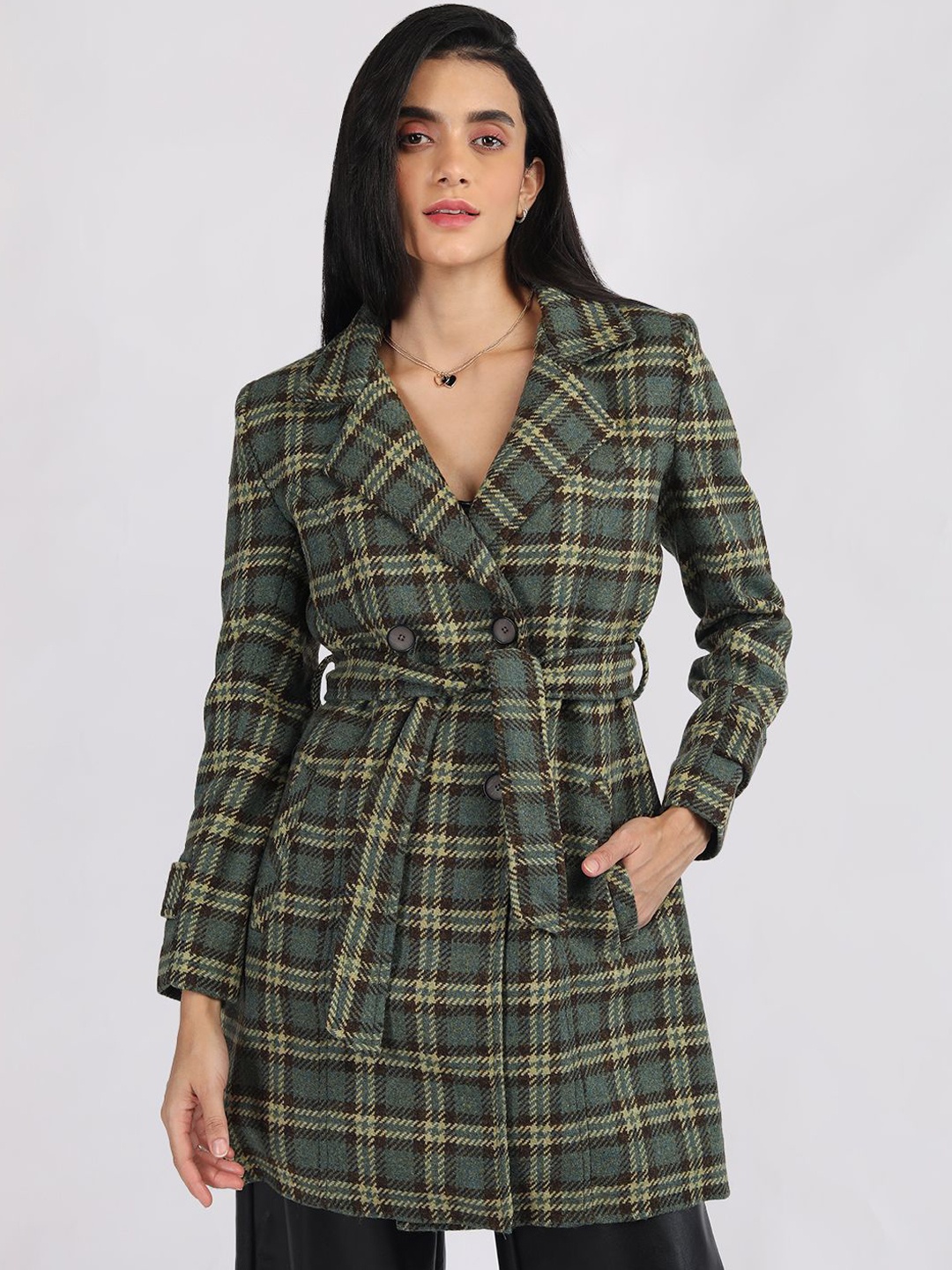 

HONNETE Women Notched Lapel Double-Breasted Winter Coat, Green