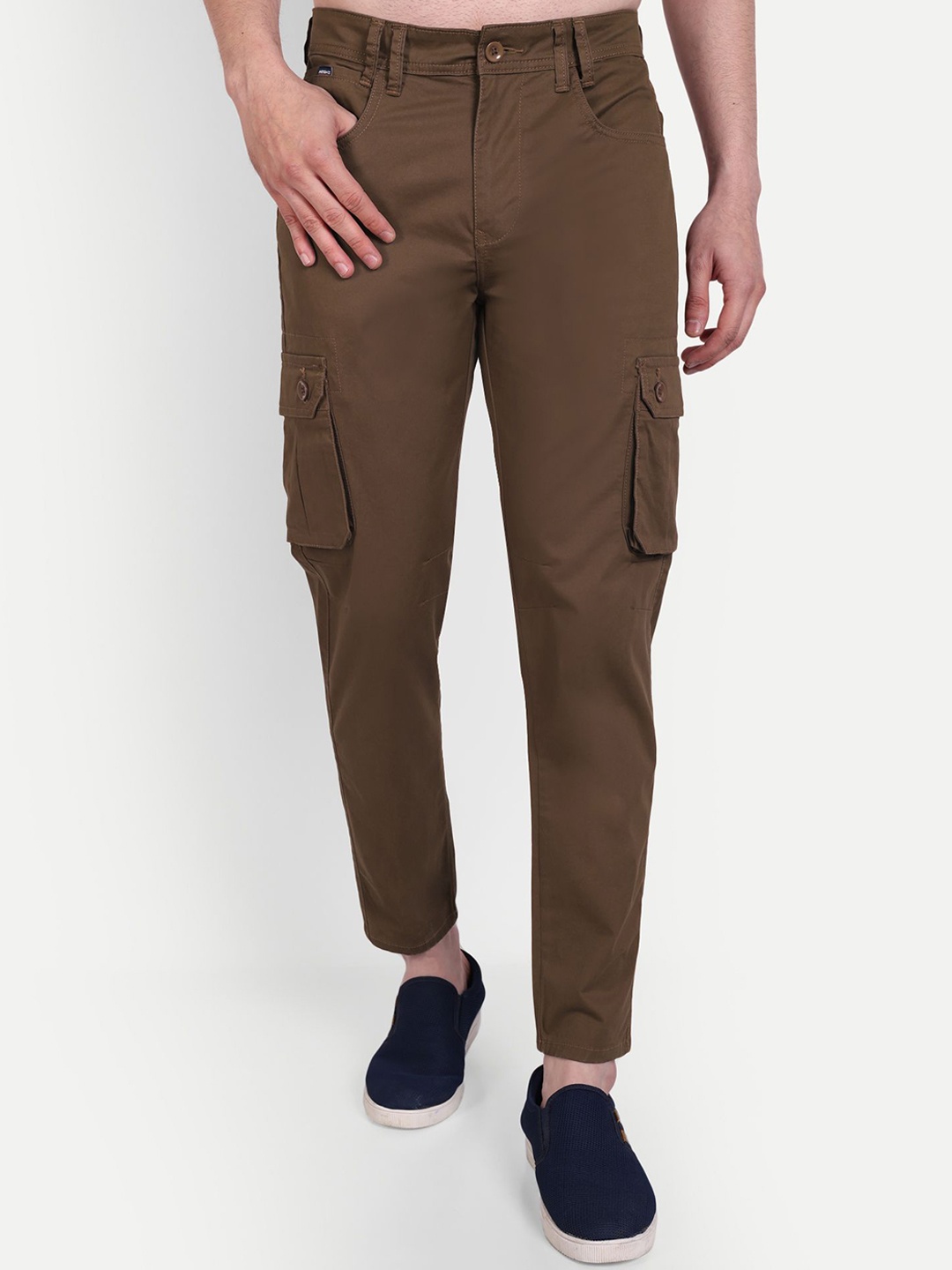 

MEGHZ Men Urban Slim Mid-Rise Slim Fit Cotton Cargos Trousers, Brown