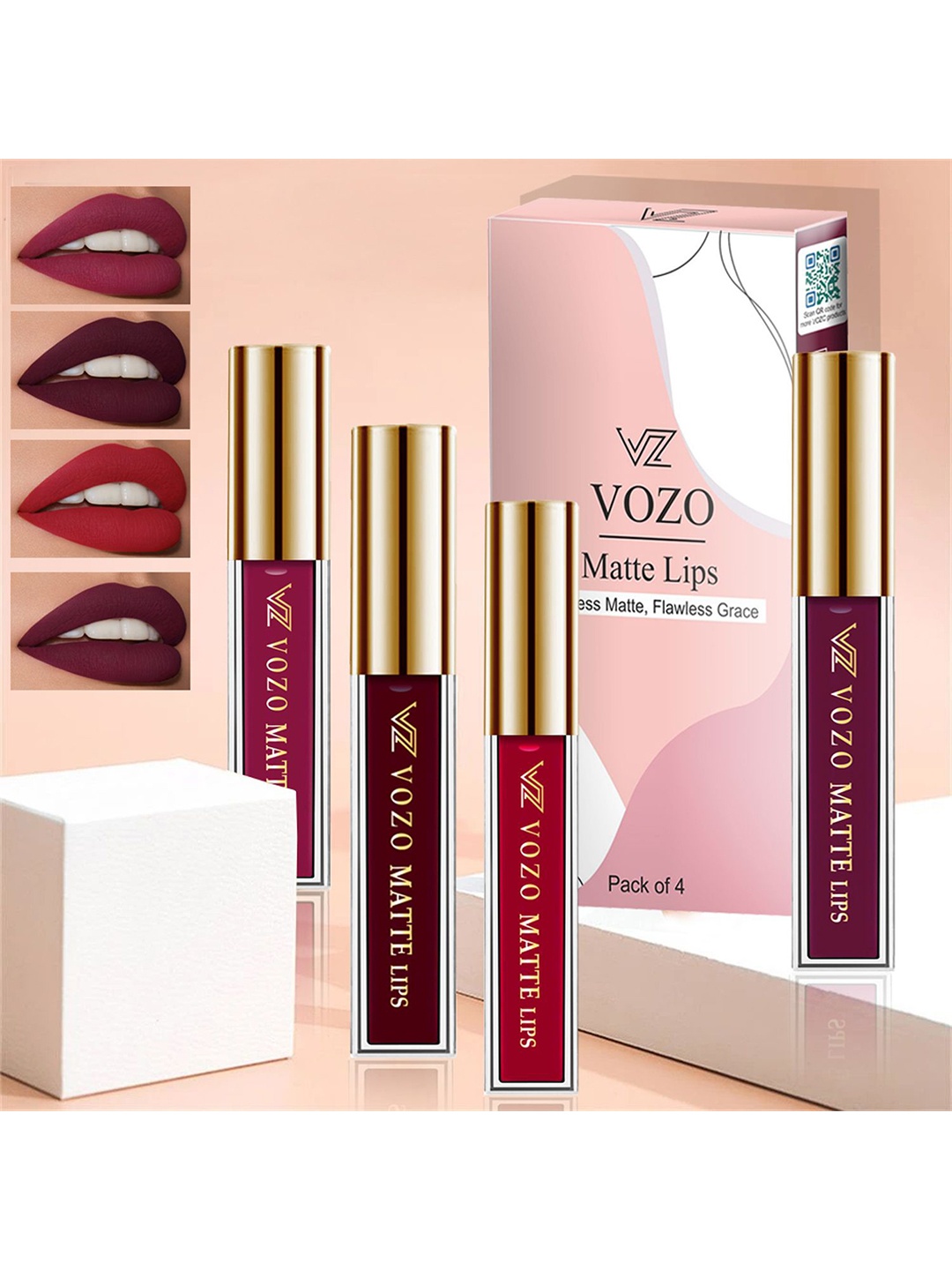

VOZO Set Of 4 Matte Lips Liquid Lipstick 4 ml Each Shade 101-103-104-201, Red