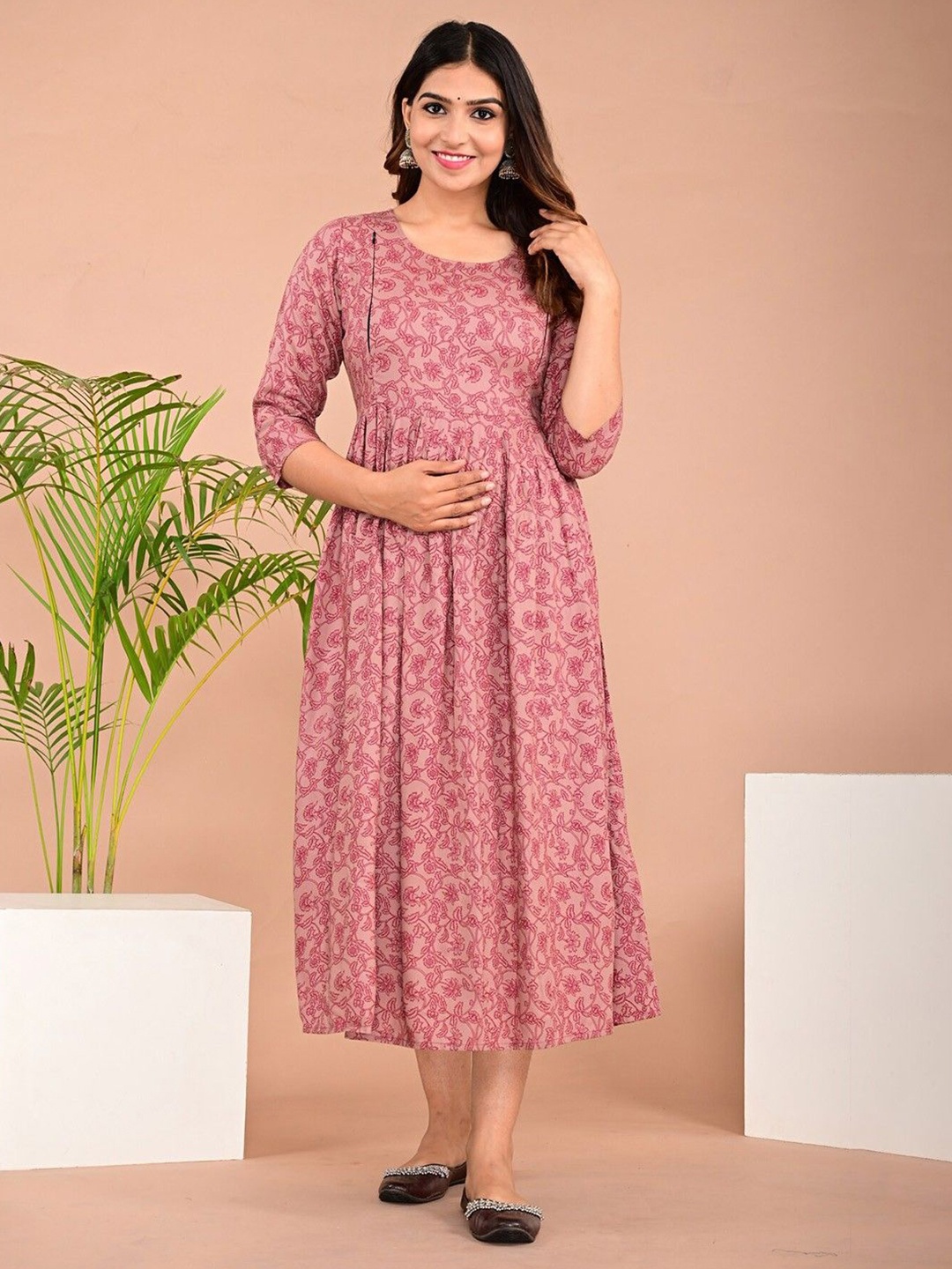 

Parth Fab Floral Print Maternity Fit & Flare Midi Dress, Maroon
