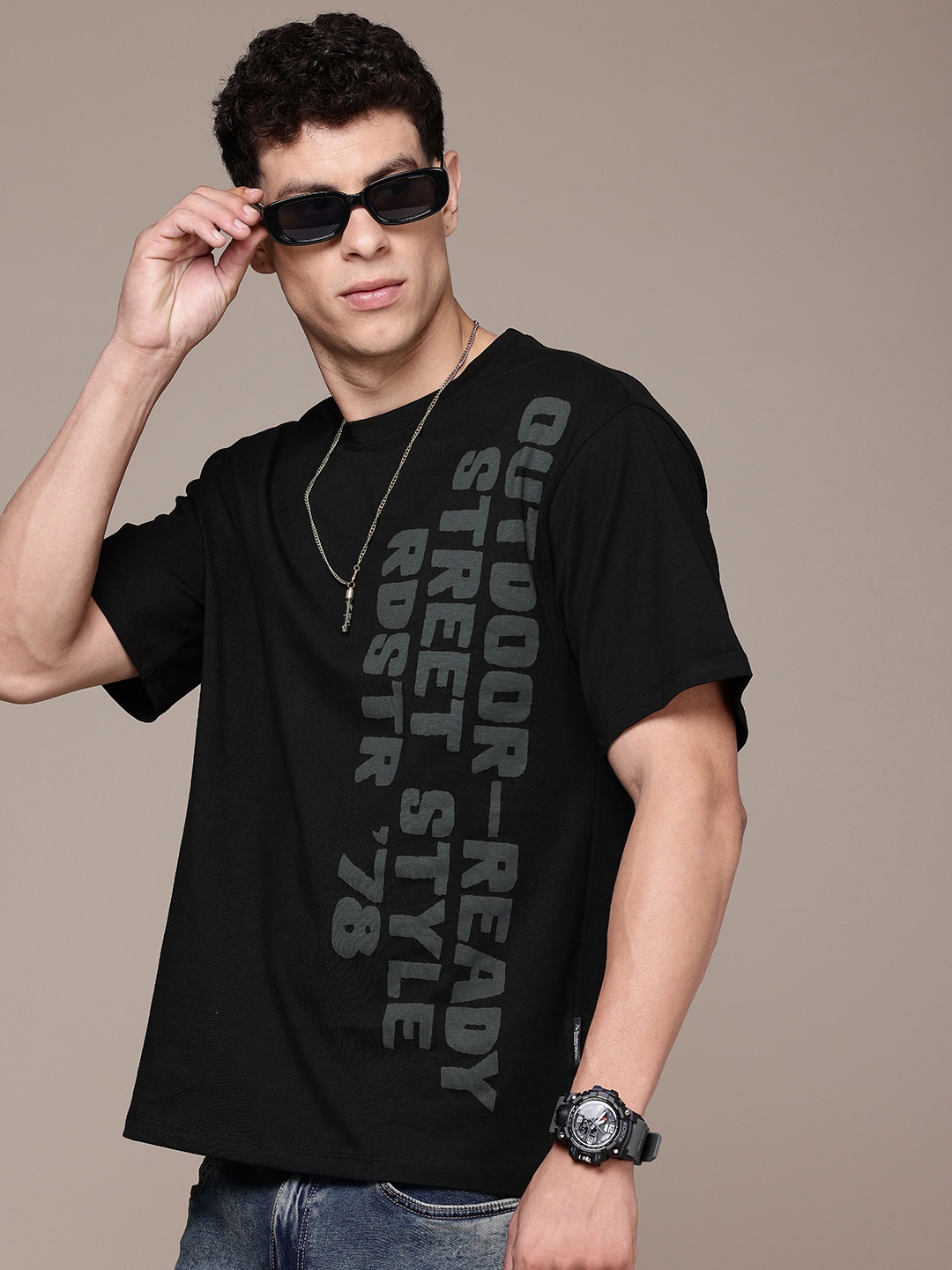 

The Roadster Life Co. Typography Printed Drop-Shoulder Relaxed Fit Pure Cotton T-shirt, Black