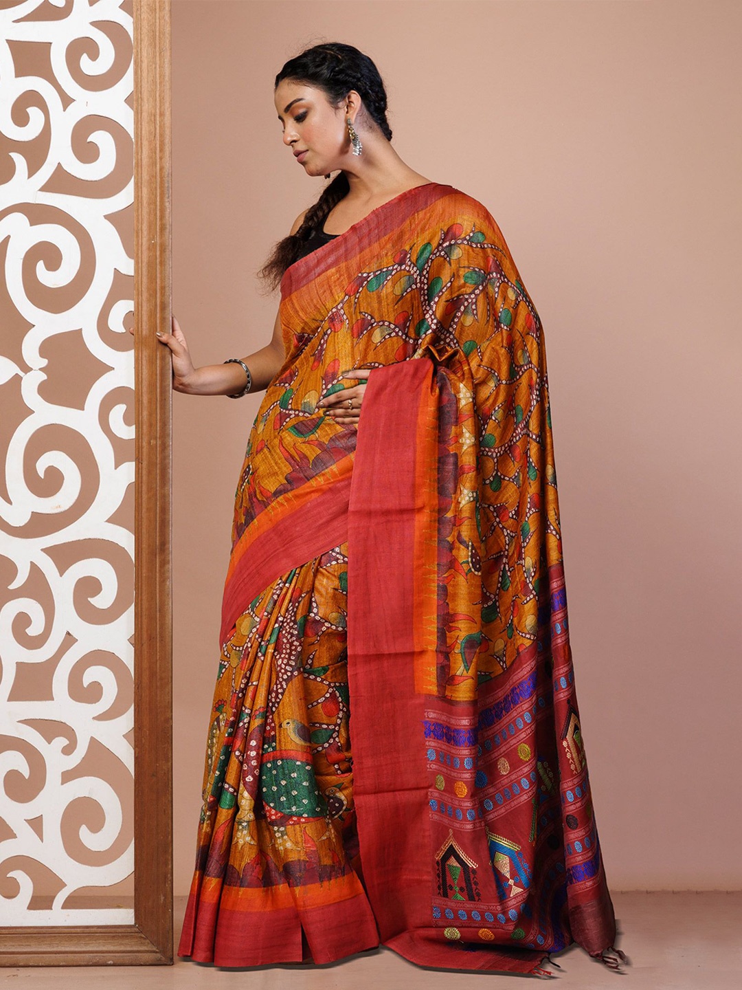 

Unnati Silks Ethnic Motifs Pure Silk Handloom Tussar Saree, Yellow