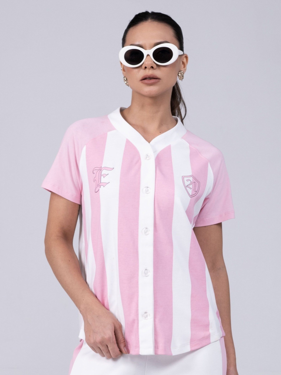 

EDRIO Women Striped V-Neck Cotton T-shirt, White