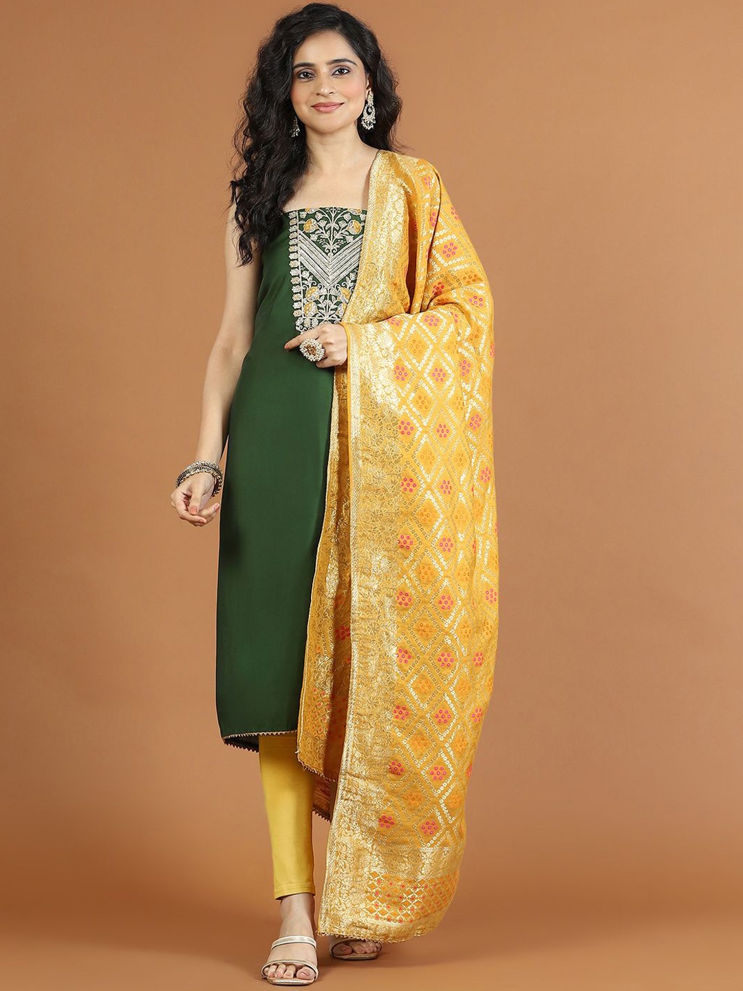 

Meena Bazaar Embroidered Art Silk Unstitched Dress Material, Green