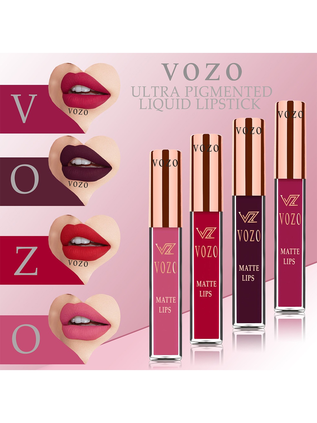 

VOZO Set Of 4 Stay-All-Day Matte Liquid Lipstick - 4 ml Each - 101-102-104-203, Red