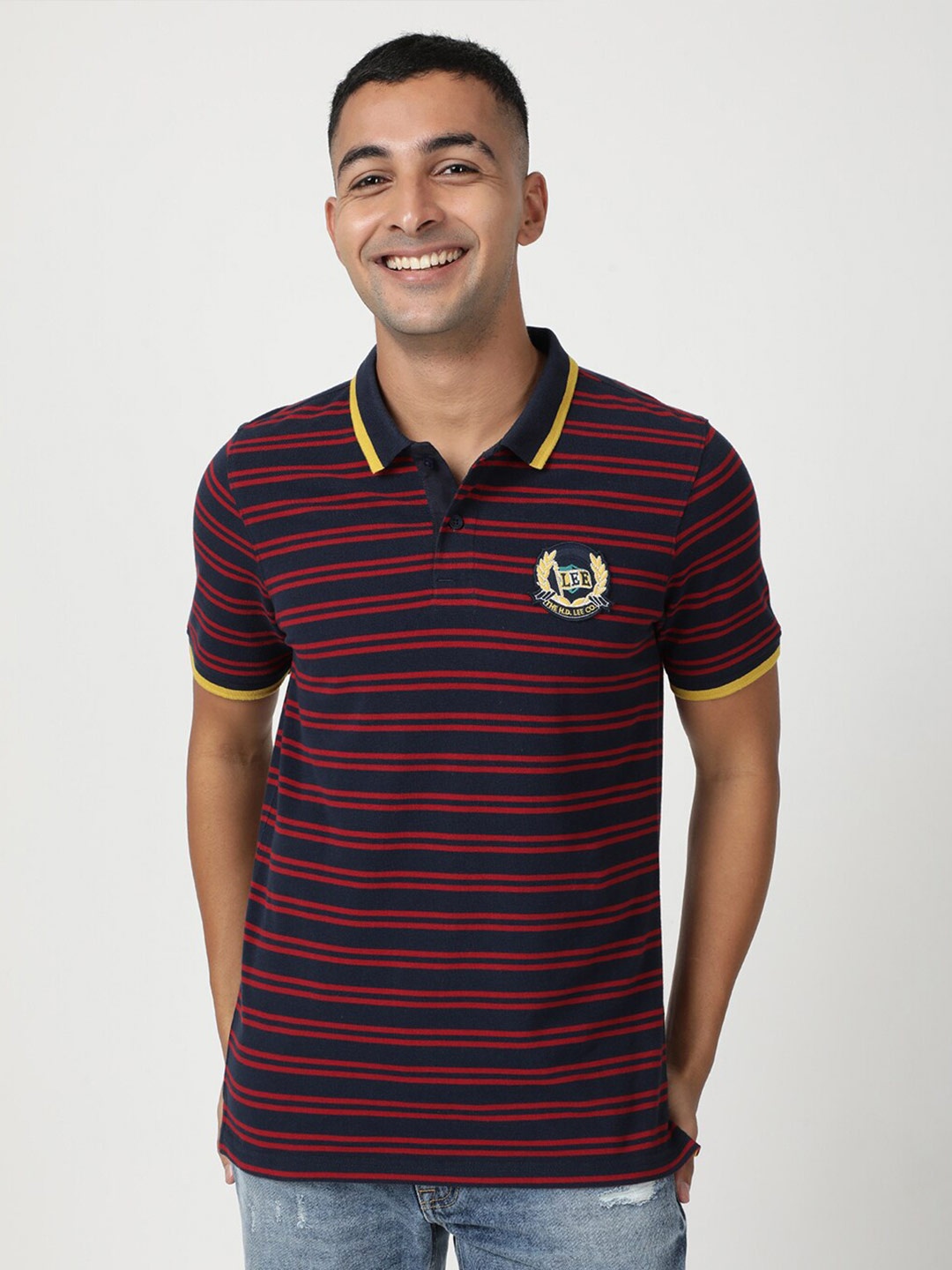 

Lee Men Striped Polo Collar Slim Fit Cotton T-shirt, Blue