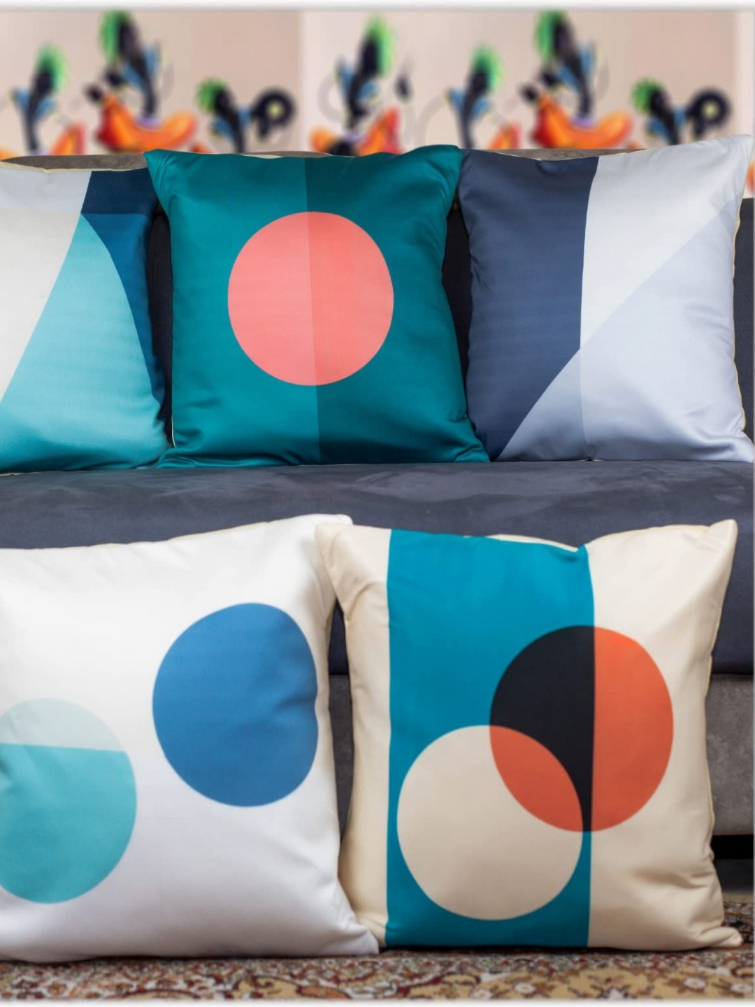

Vendola Blue & Pink 5 Pieces Geometric Printed Satin Square Cushion Covers