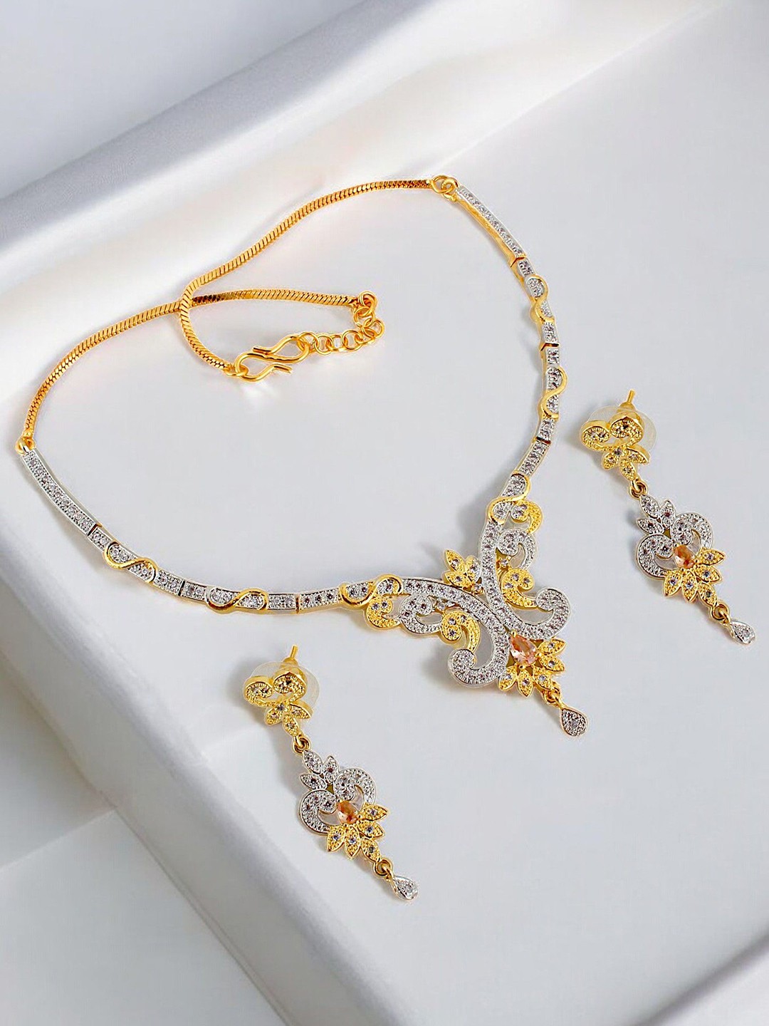 

LUCKY JEWELLERY 18K Gold Plated American Diamond Studded Jewellery Set