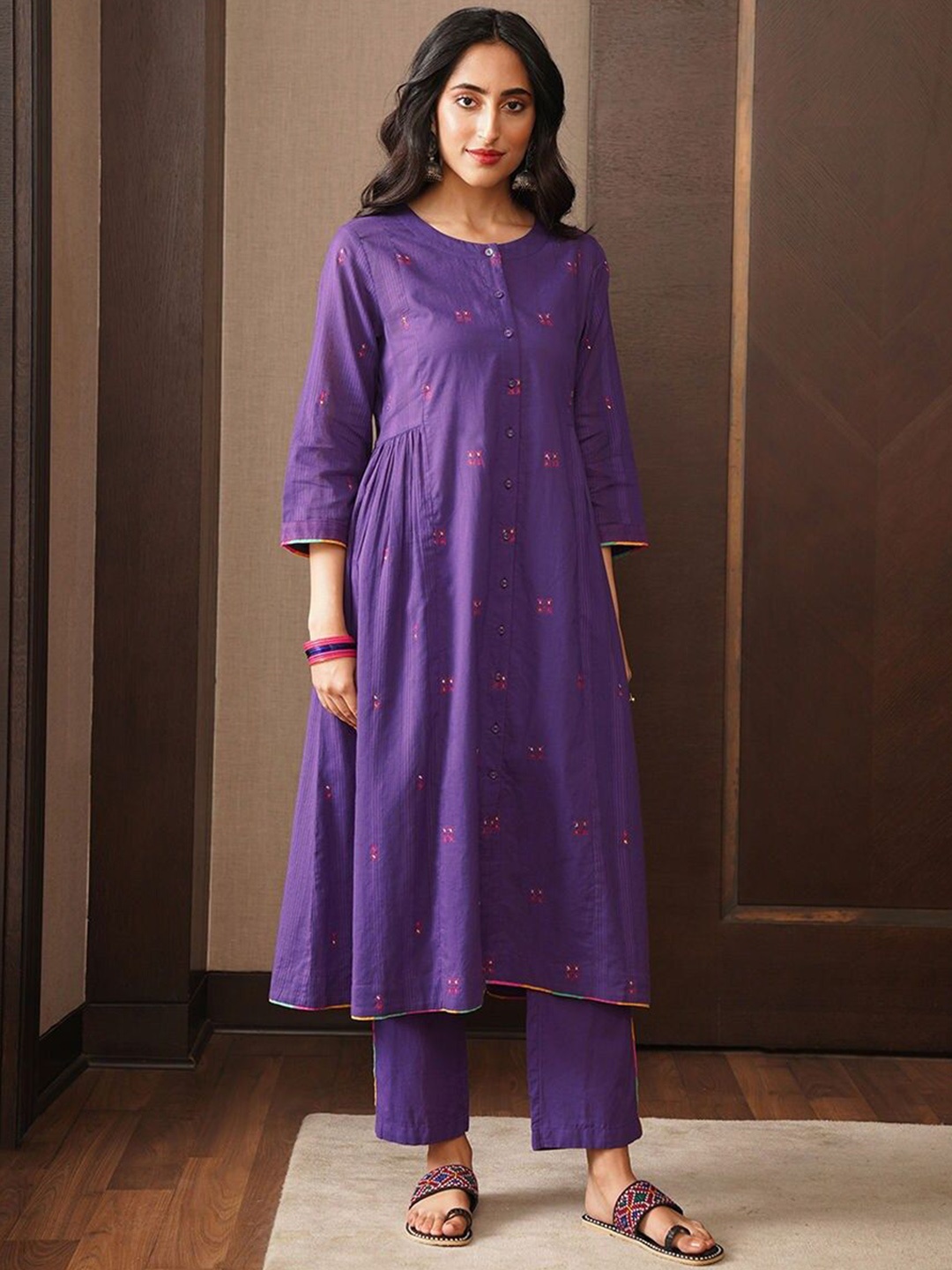 

JAYPORE Ethnic Motifs Embroidered Regular Pure Cotton A-Line Kurta, Purple