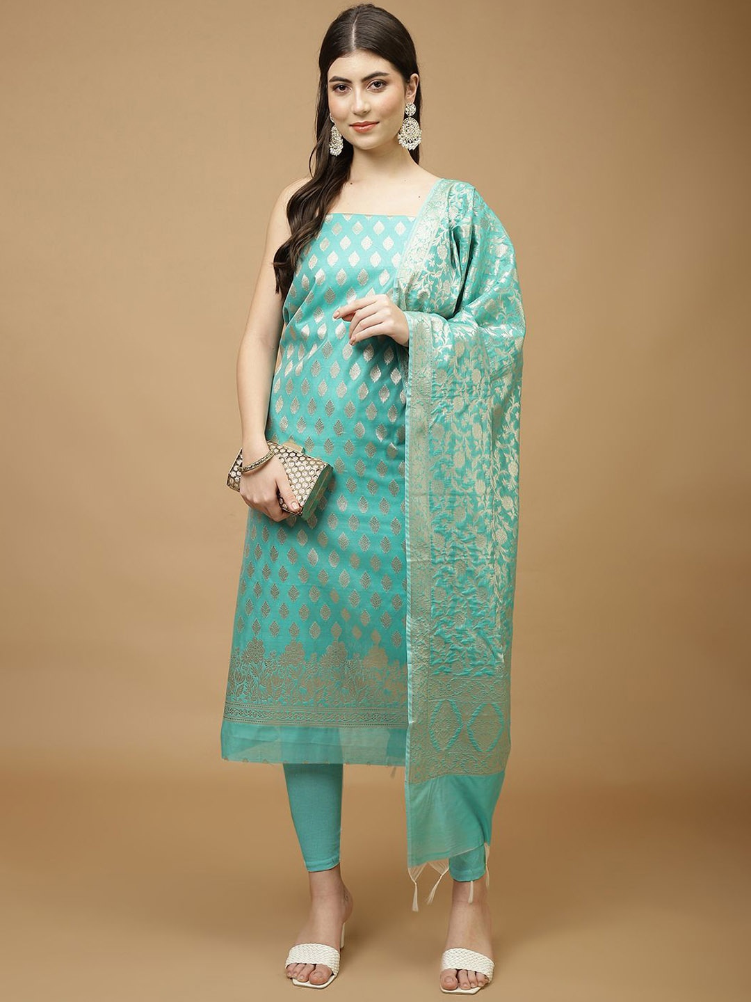 

Meena Bazaar Art Silk Unstitched Dress Material, Sea green